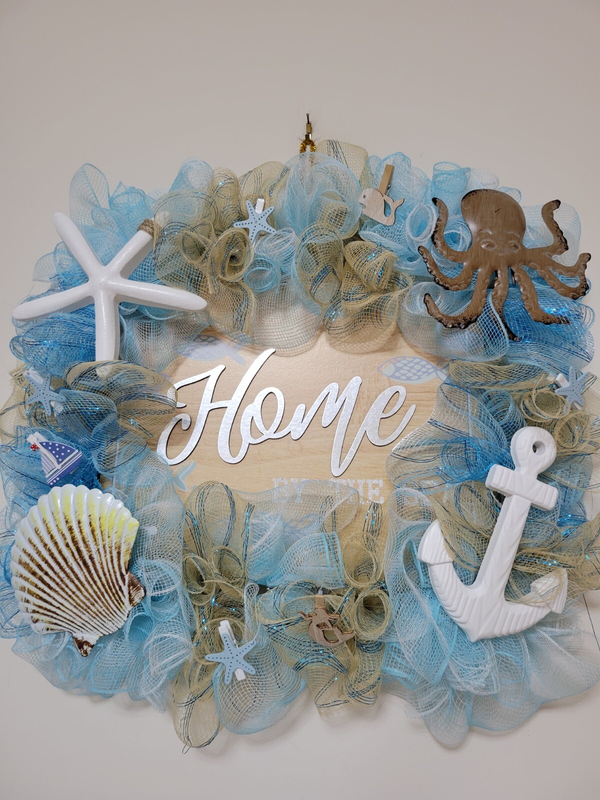 HOME by The Sea Coastal Spring Summer Mesh Front Door Wreath Wall Decor Beach