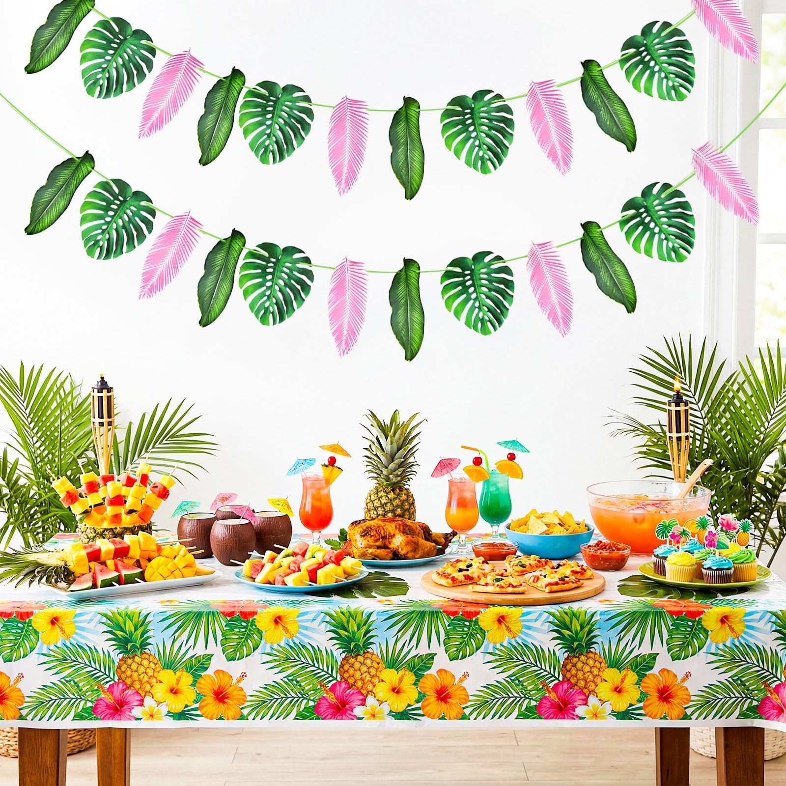 24 Pcs 8.5 ft Artificial Tropical Palm Leaves Garland – Pink Green Monstera L…