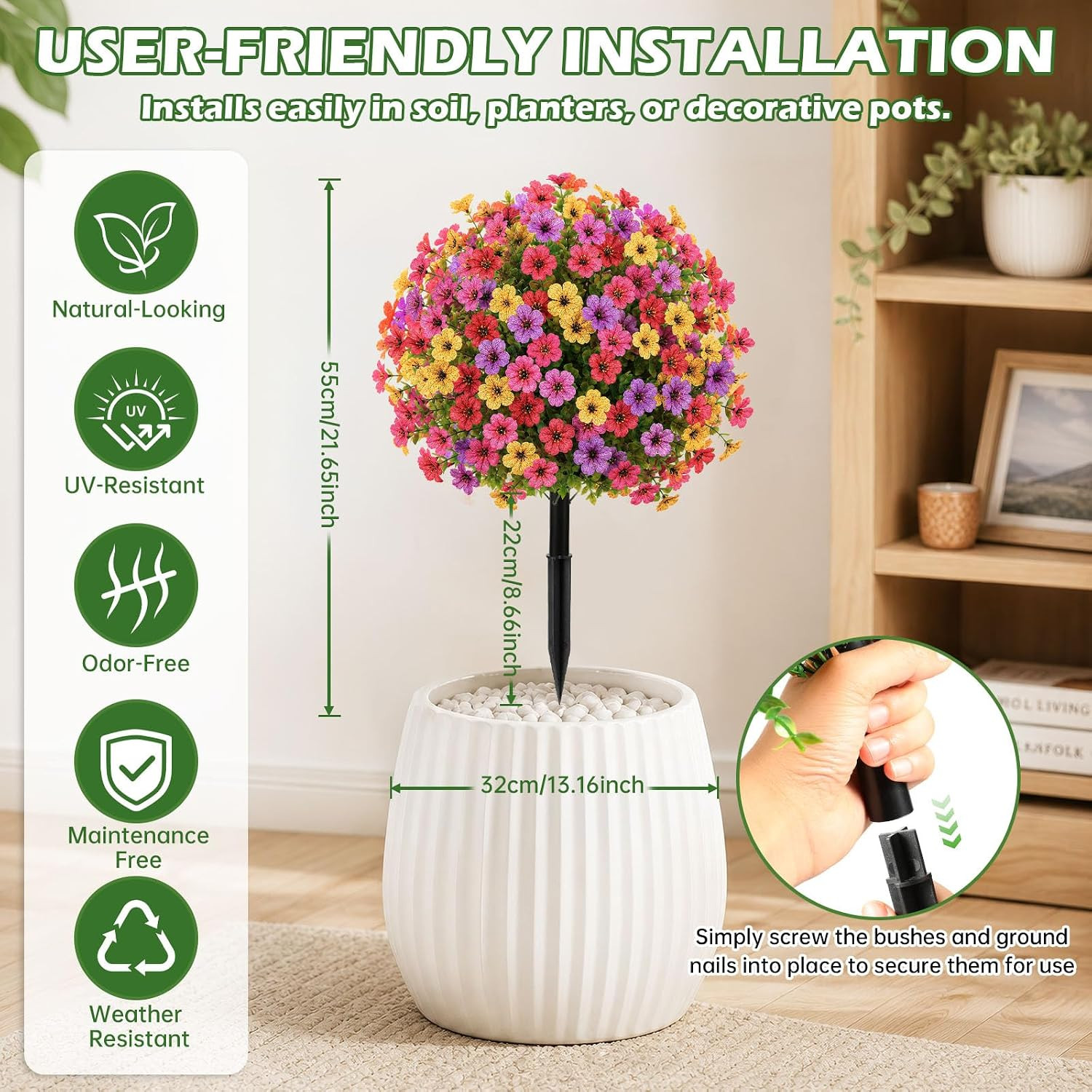 22″ UV Resistant Artificial Topiary Ball Flowers for Indoor/Outdoor Decor – 2 Pc