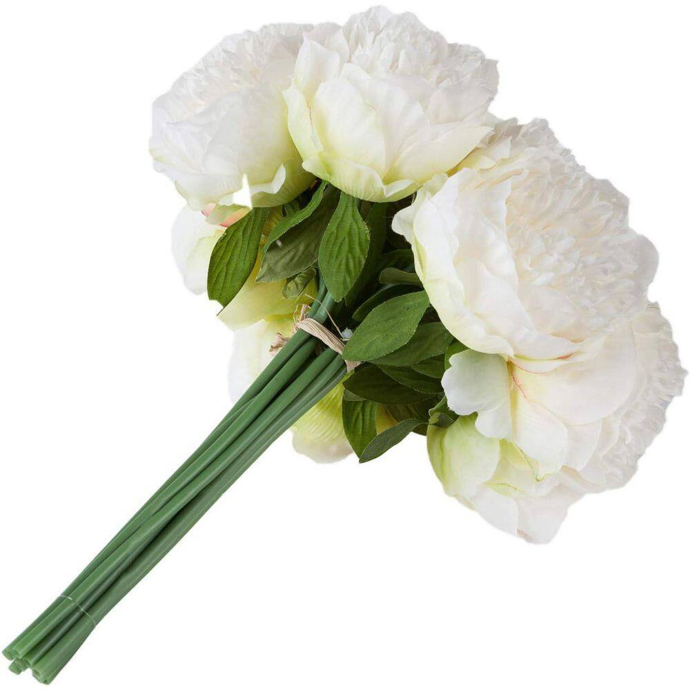 2-Bouquet 10-Heads White Artificial Peony Silk Flower and Leaf Home Office with