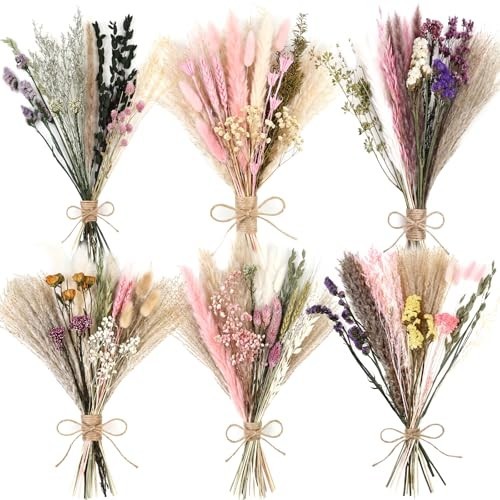 Large Dried Flower Bouquet 6 Bunches Pink Pampas Grass & Roses for Boho Decor