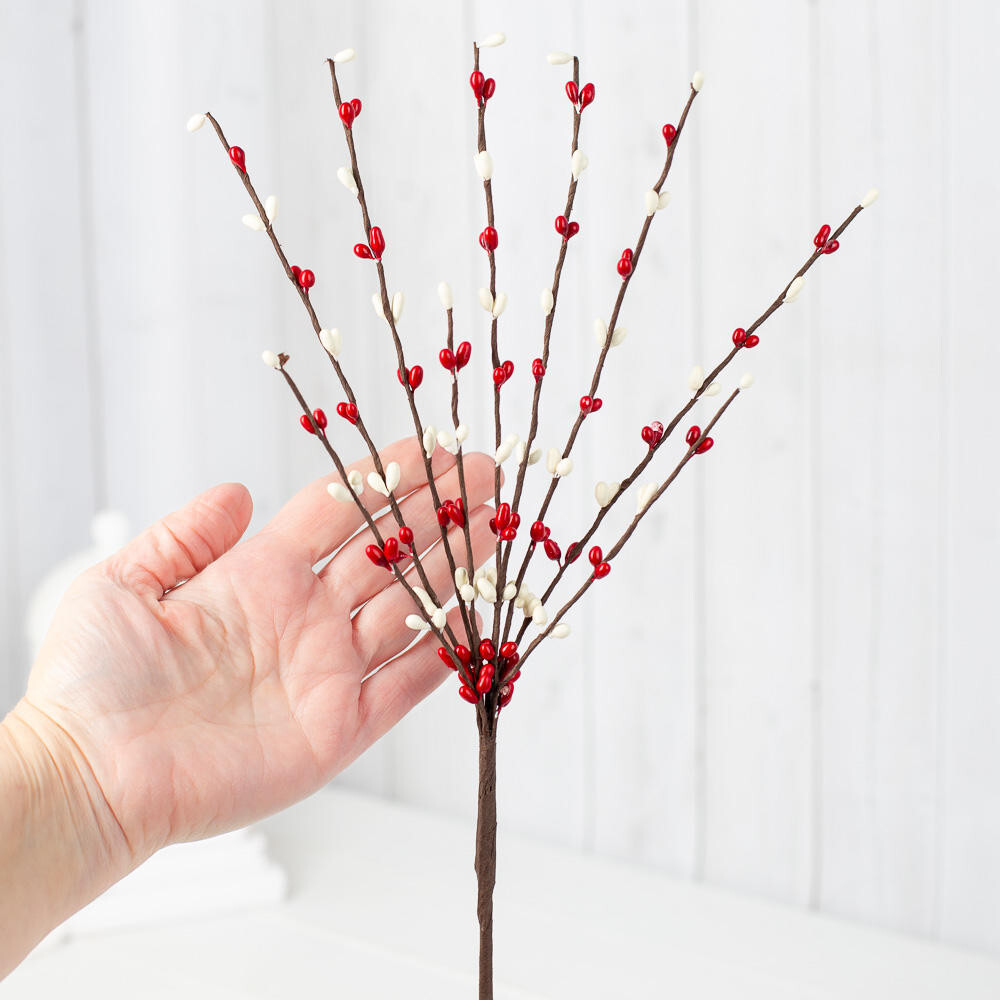 Set of 12 Hand Wrapped Petite Red and Cream Pip Berry 12″ Sprays