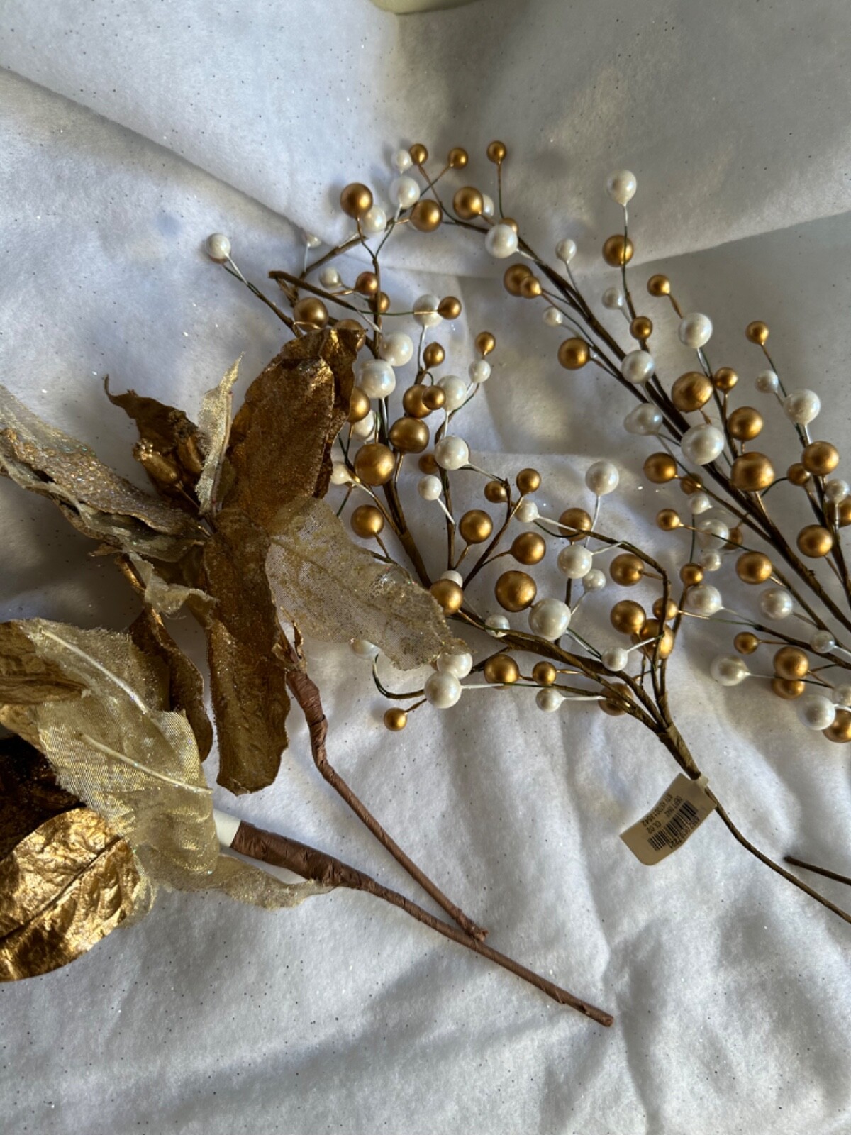 Berry Cluster Tree Pick Plant Spray Decorations Gold Beads White and Bronze Leaf