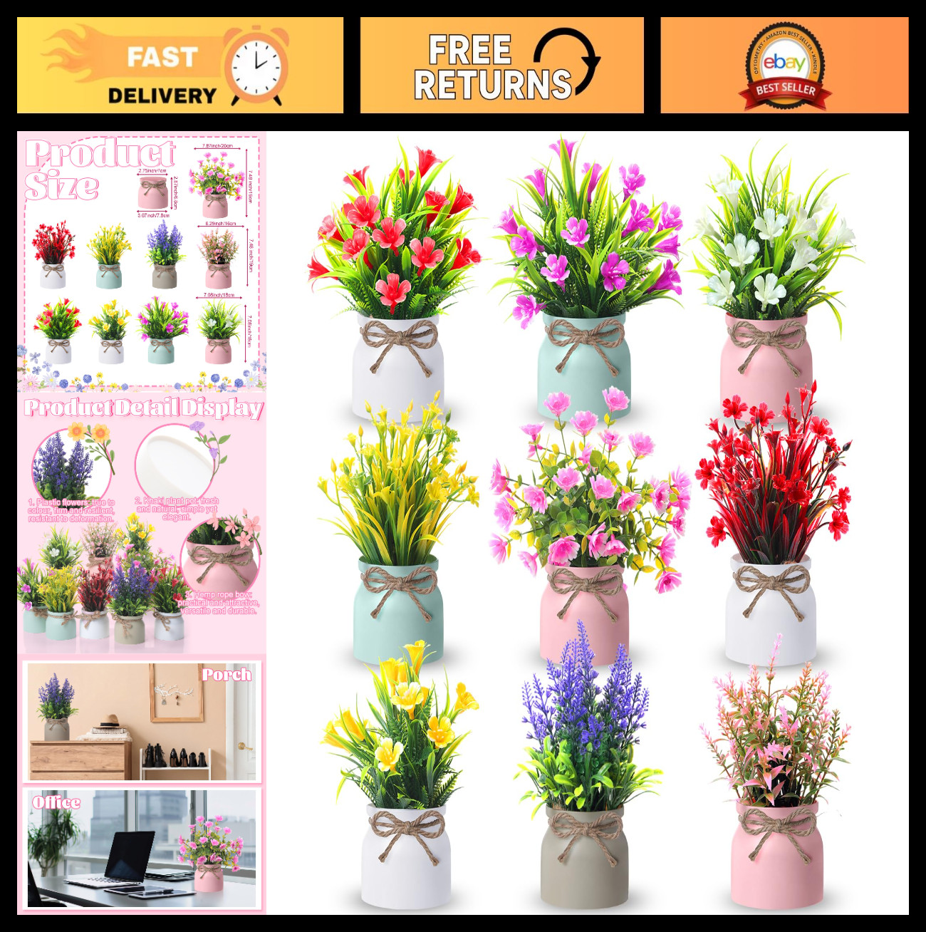 9 Pack Mini Artificial Potted Flowers – Spring Floral Centerpieces for Home & Of