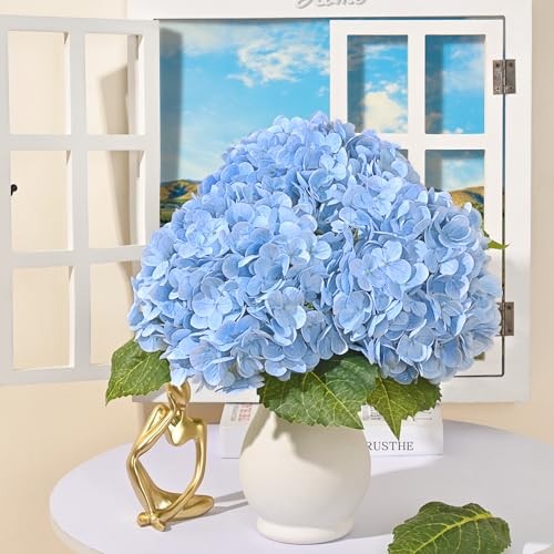 21in Hydrangea Artificial Flowers, Latex Real Touch Hydrangeas 3Pcs Blue