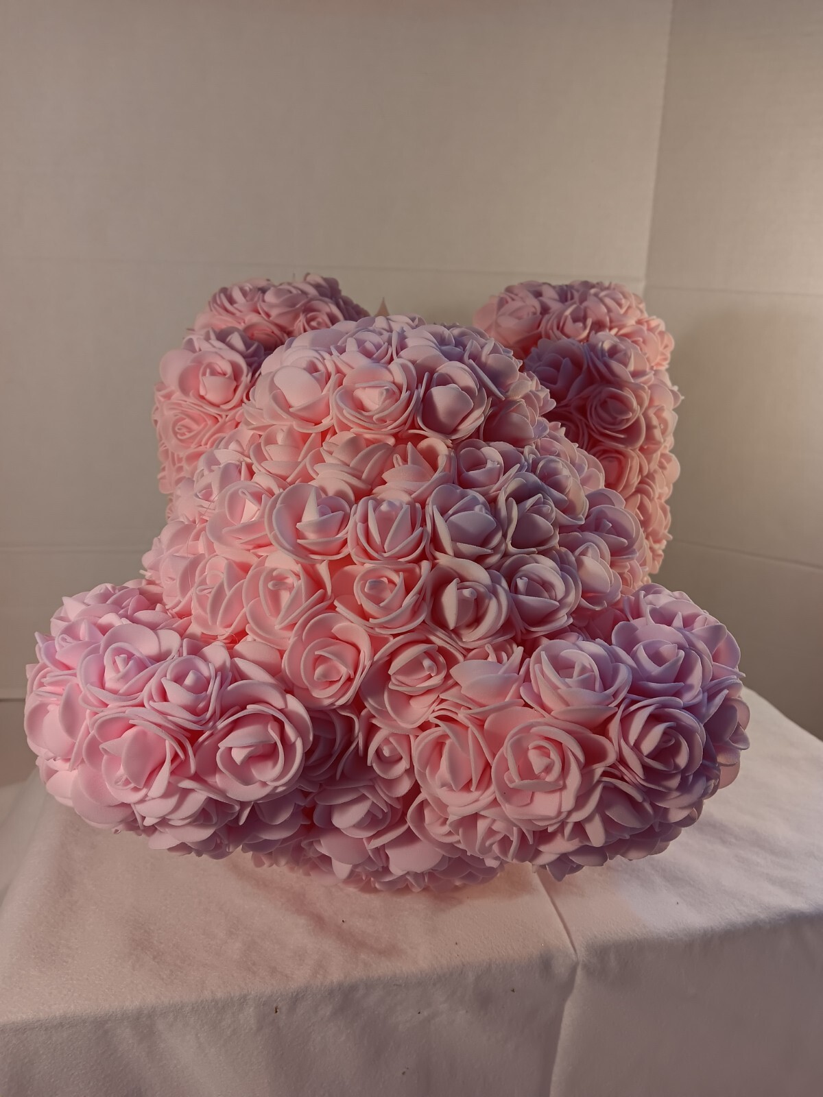 Pink Rose Teddy Bear – Artificial Foam Flower Bear with Bow – 11″ Romantic Gift