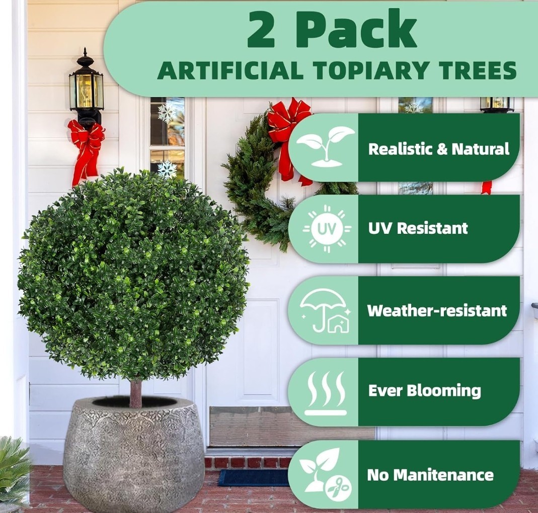27.5″ Artificial Boxwood Topiary Ball Tree, Set of 2 Fake Bushes Shrubs W Steaks