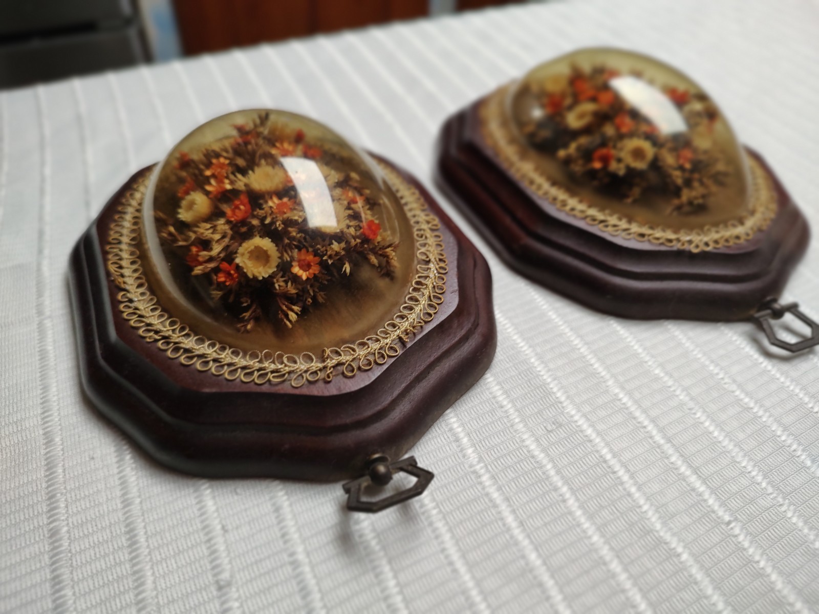 Pair Of VTG Wall Art Dried Floral Bouquet Under Clear Dome Botanical Flowers