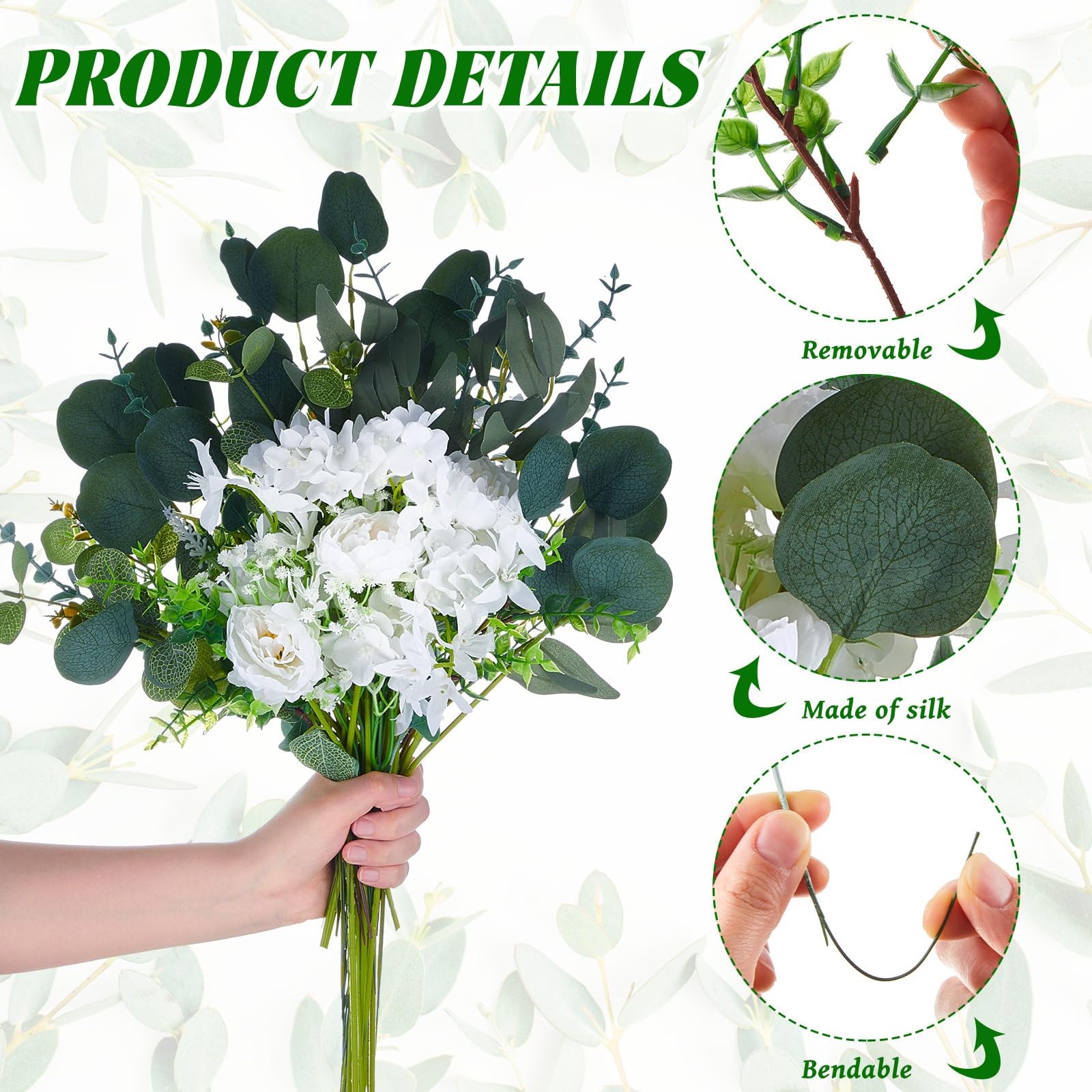 110 Pieces Artificial Eucalyptus Leaves Stems Set with 10 Kinds of Faux White…