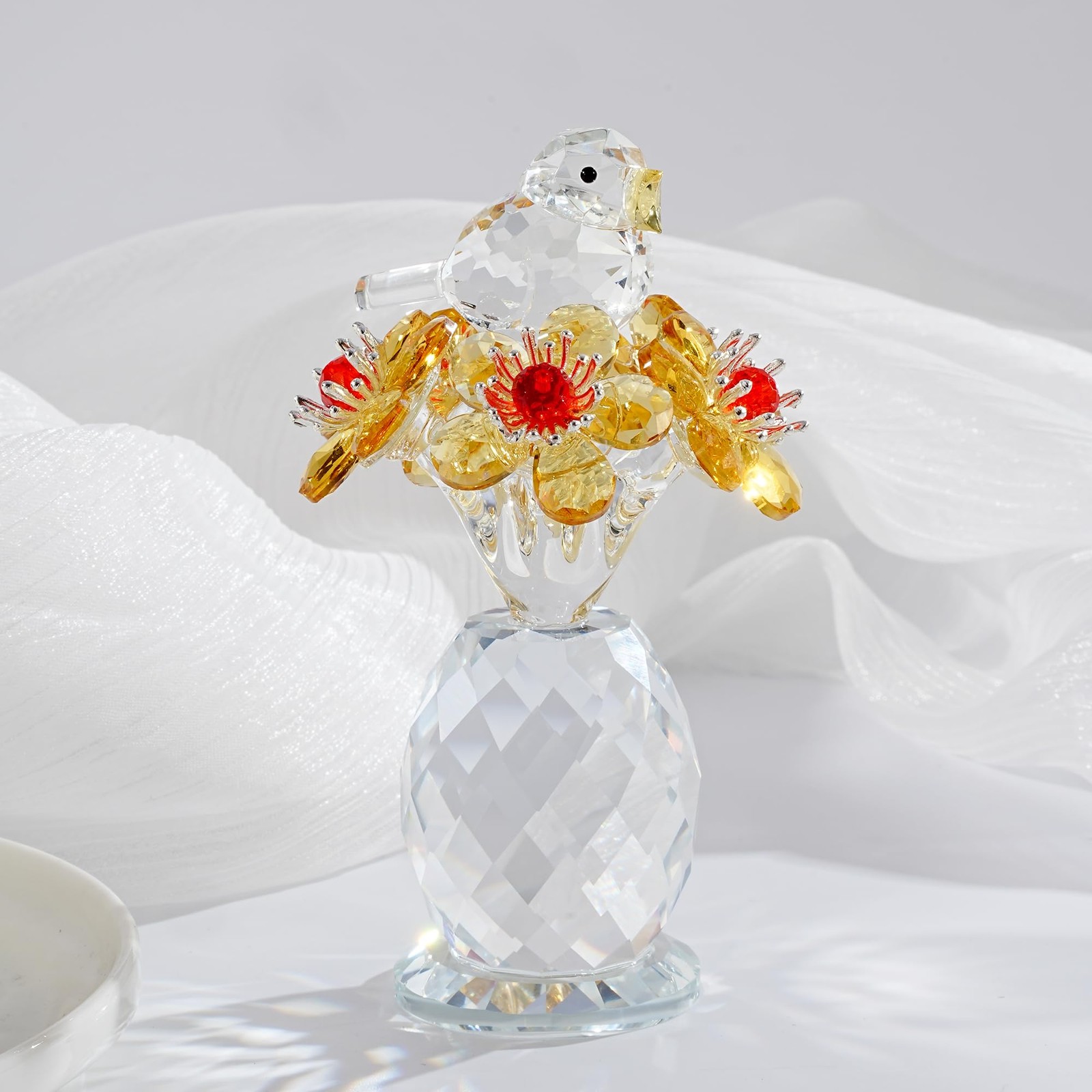 CNCRMEM Crystal Bird & Forget-Me-Not Flower Figurine,3×4 inch Glass Flower