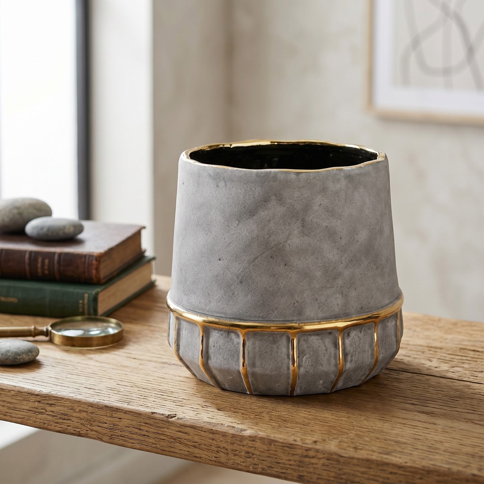 8.5″ Regal Stone Decorative Planter with Gold Accents