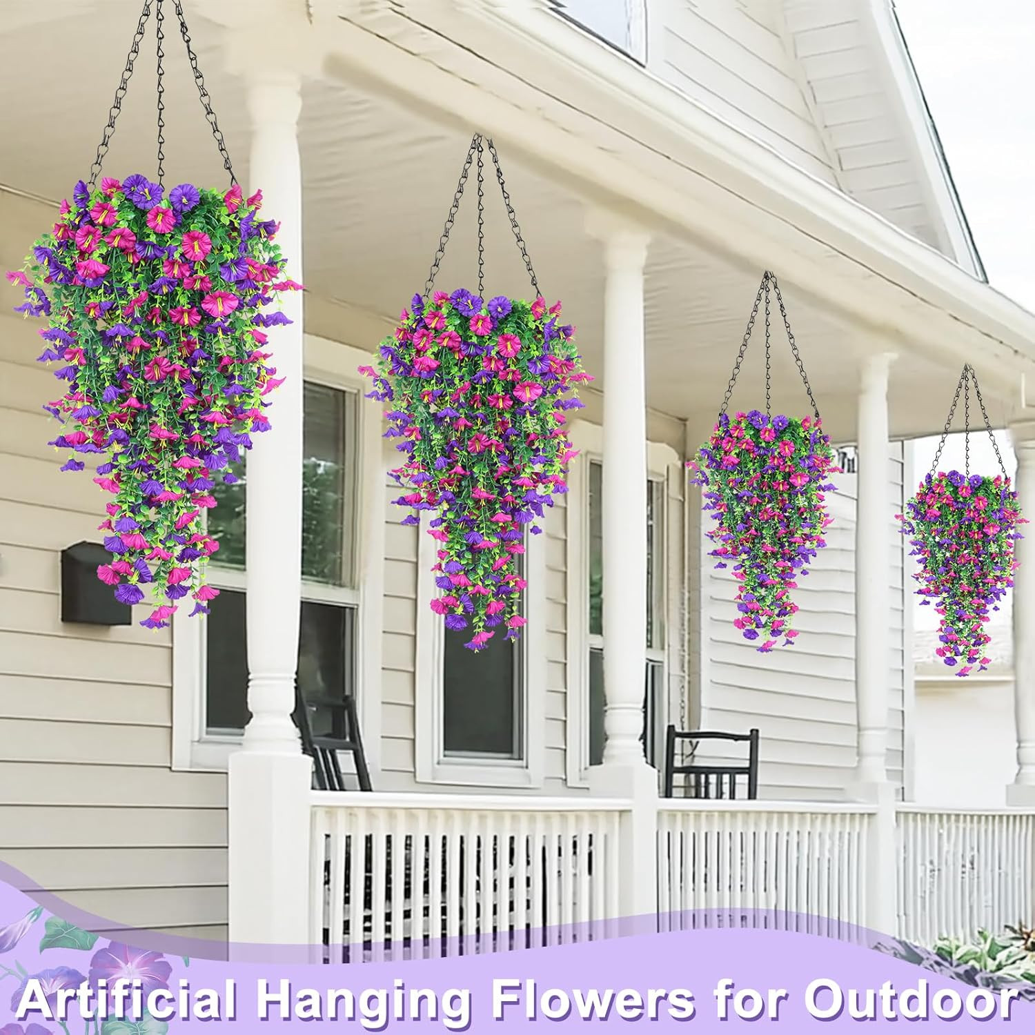 4PCS UV Resistant Faux Hanging Petunias & Eucalyptus for Outdoor Decor