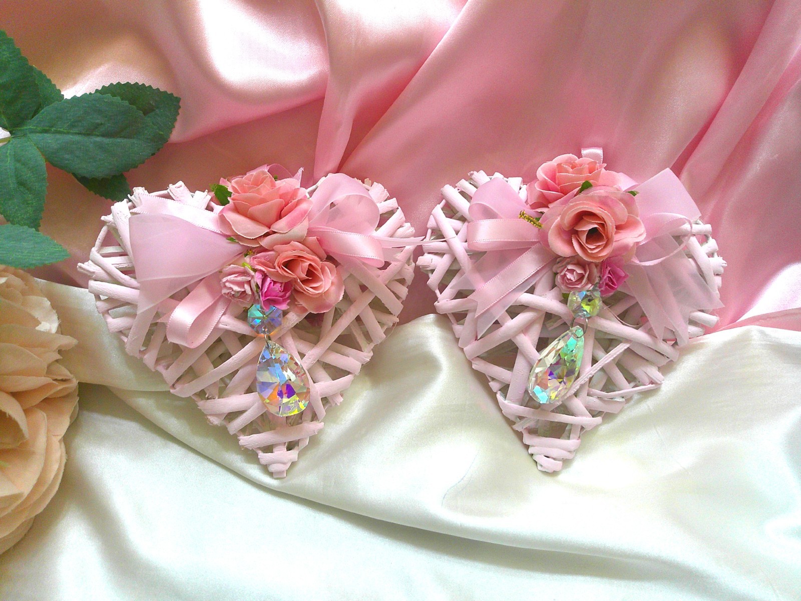 Shabby Chic Victorian~2 PC Heart Decor~Bamboo Hearts w/ Roses /Crystal Prisms