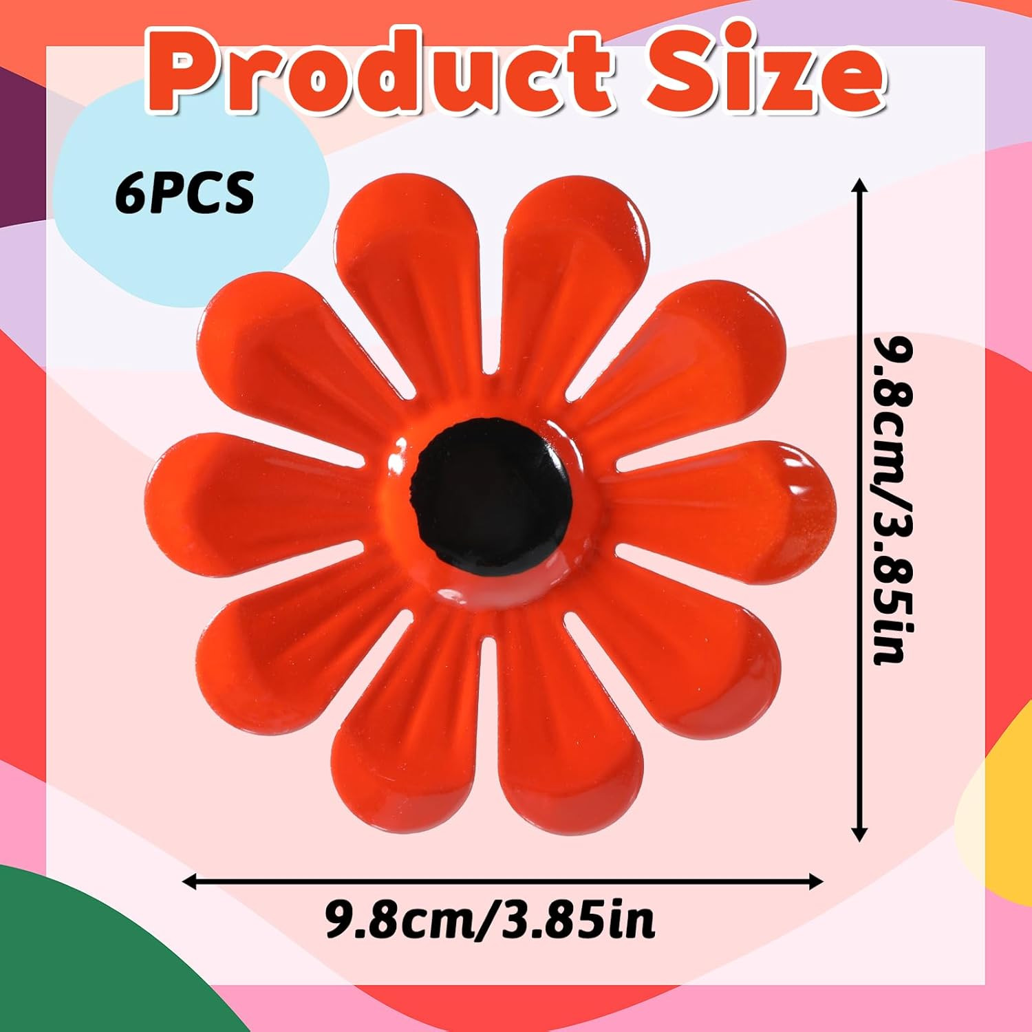 6Pcs Metal Wall Flowers Outdoor 4 X 4 Inches, Red, White, Orange, Blue, Green