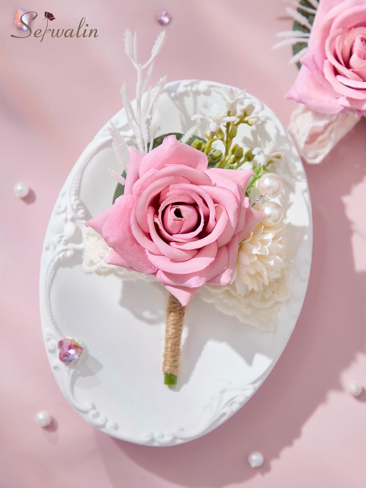 Pink Corsage Boutonniere Set Wristlet Prom Wedding Party Suit Flower Decor