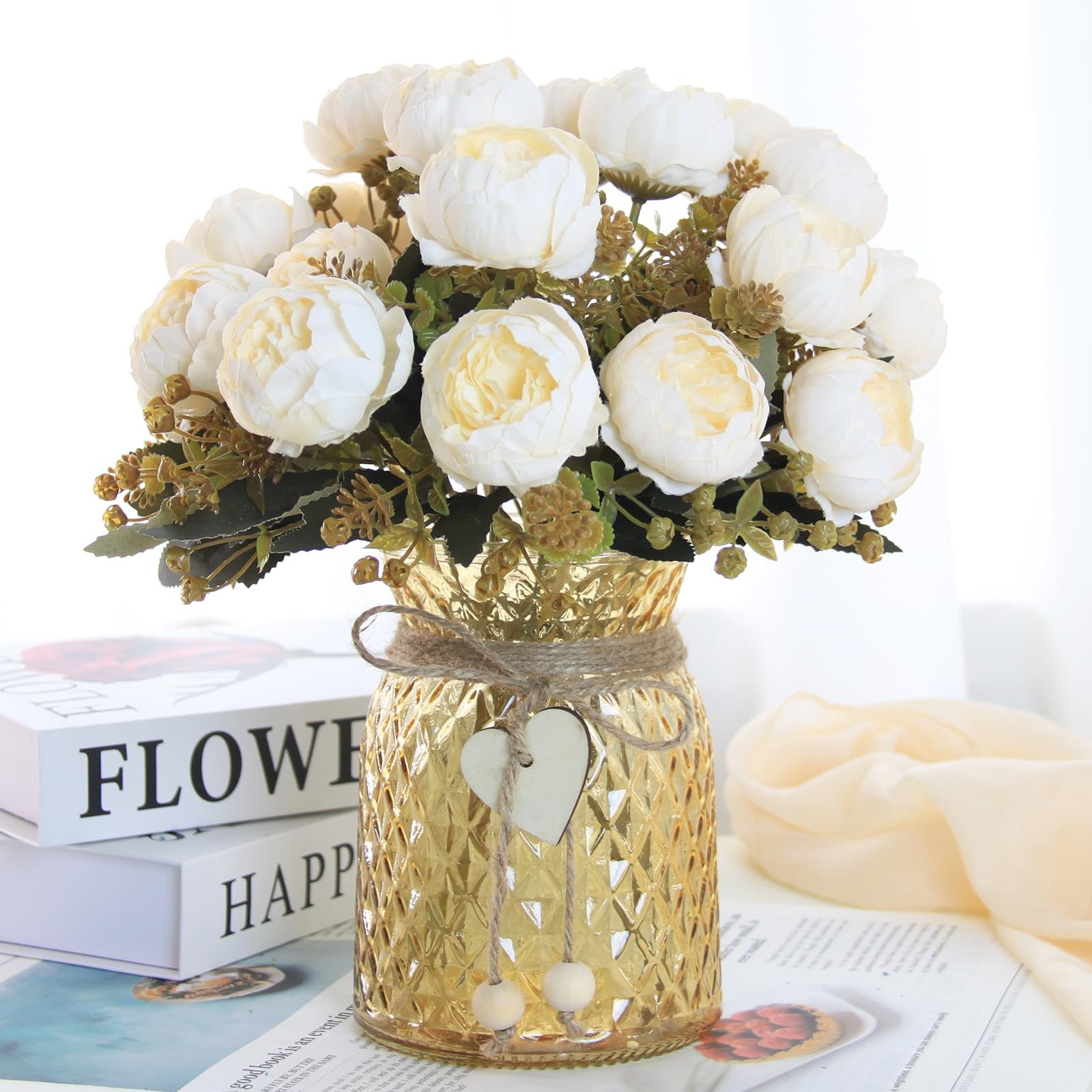 21 PCS White Faux Peony Artificial Flowers In Vase Home Decor Centerpiece