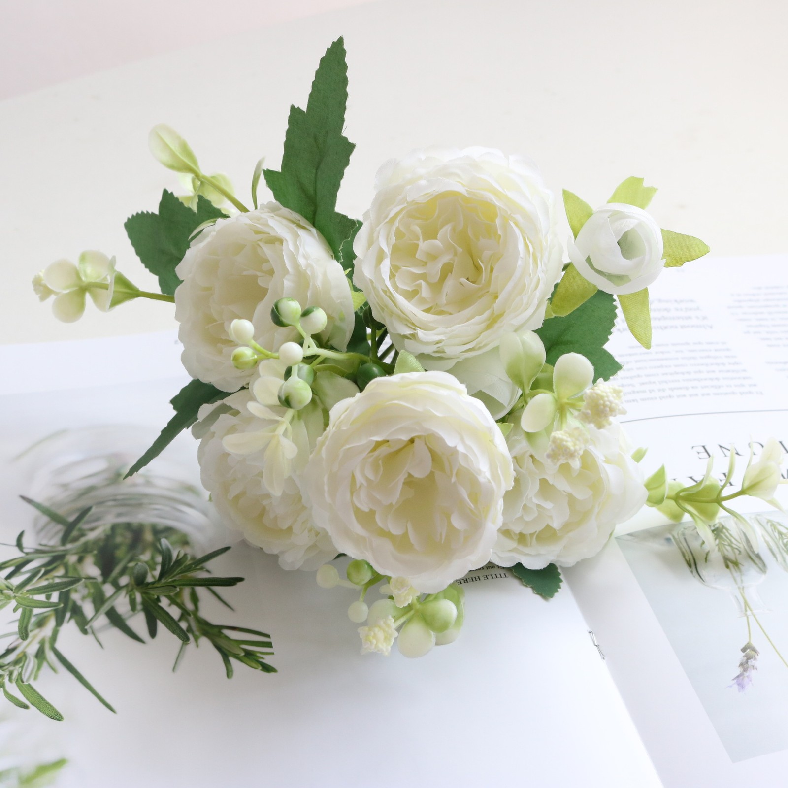 4Pcs European Peony Berry Rose Bouquet, Small Bouquet of Roses, Home Decoration