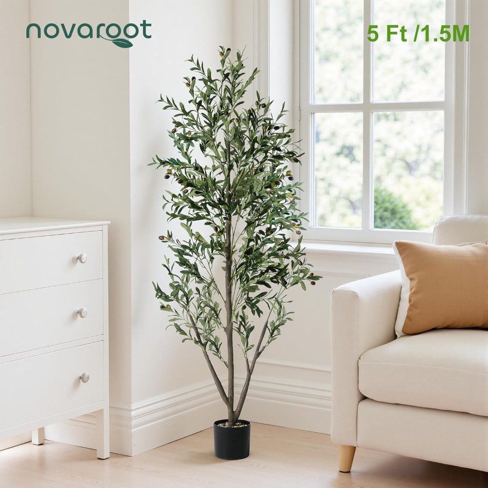 5FT Lighted Faux Olive Tree Indoor with Planter, Moss, Wood Trunk & Fruits
