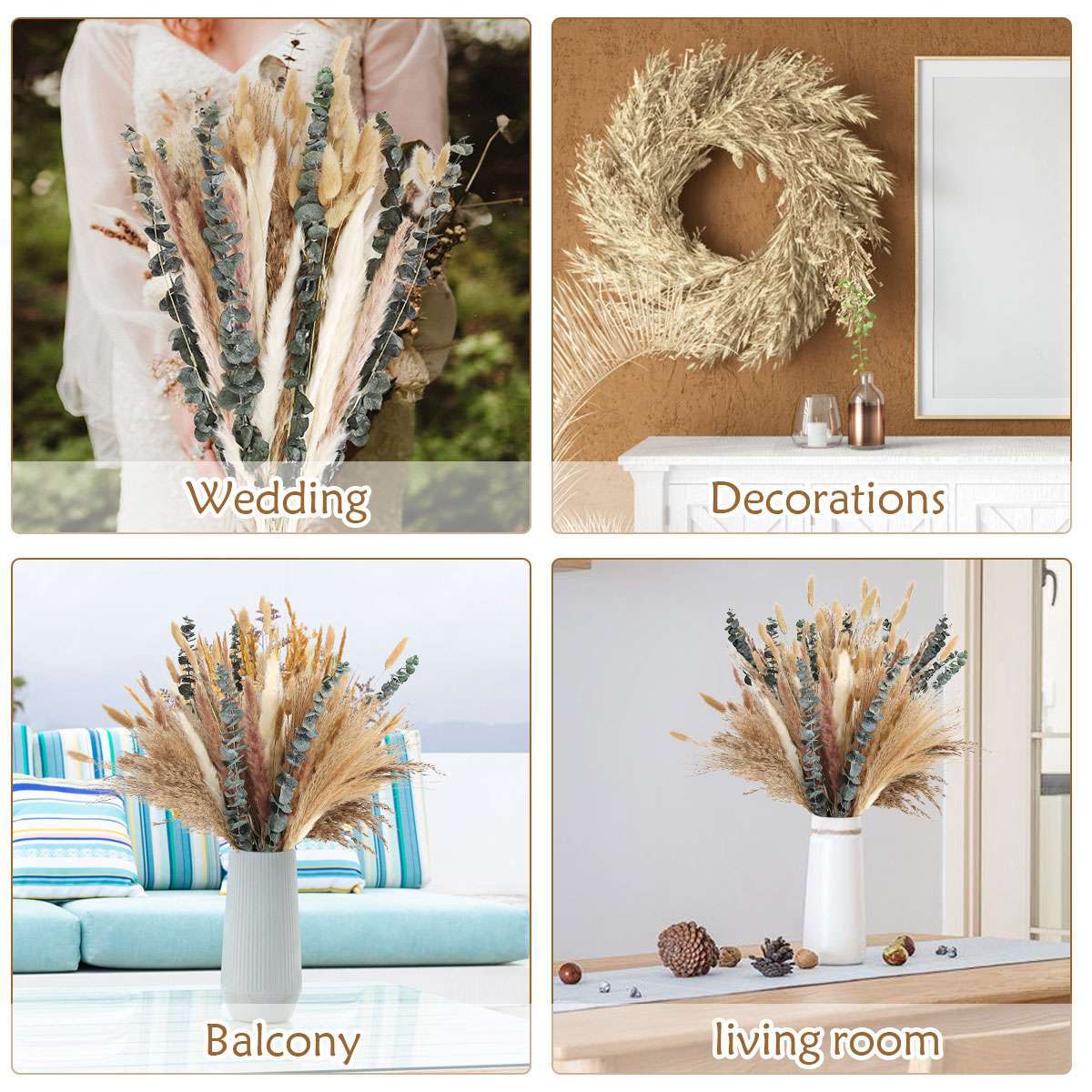 110Pcs Dried Pampas Grass Bouquet, Natural Eucalyptus Bunny Tail Boho Home Decor