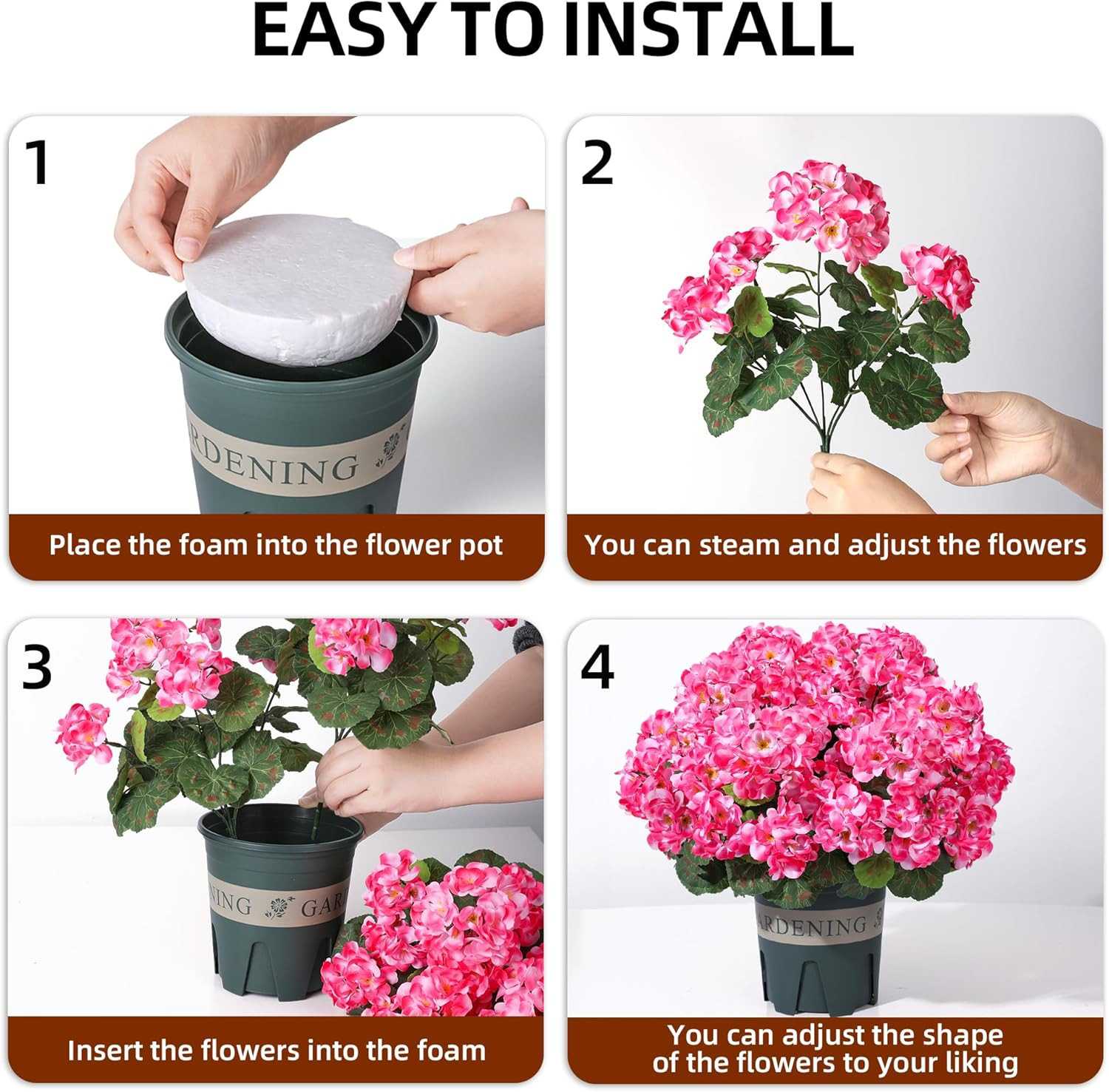 Geraniums Artificial Flowers for Outdoors, 2 Pack Potted Plants Pink Faux Gerani