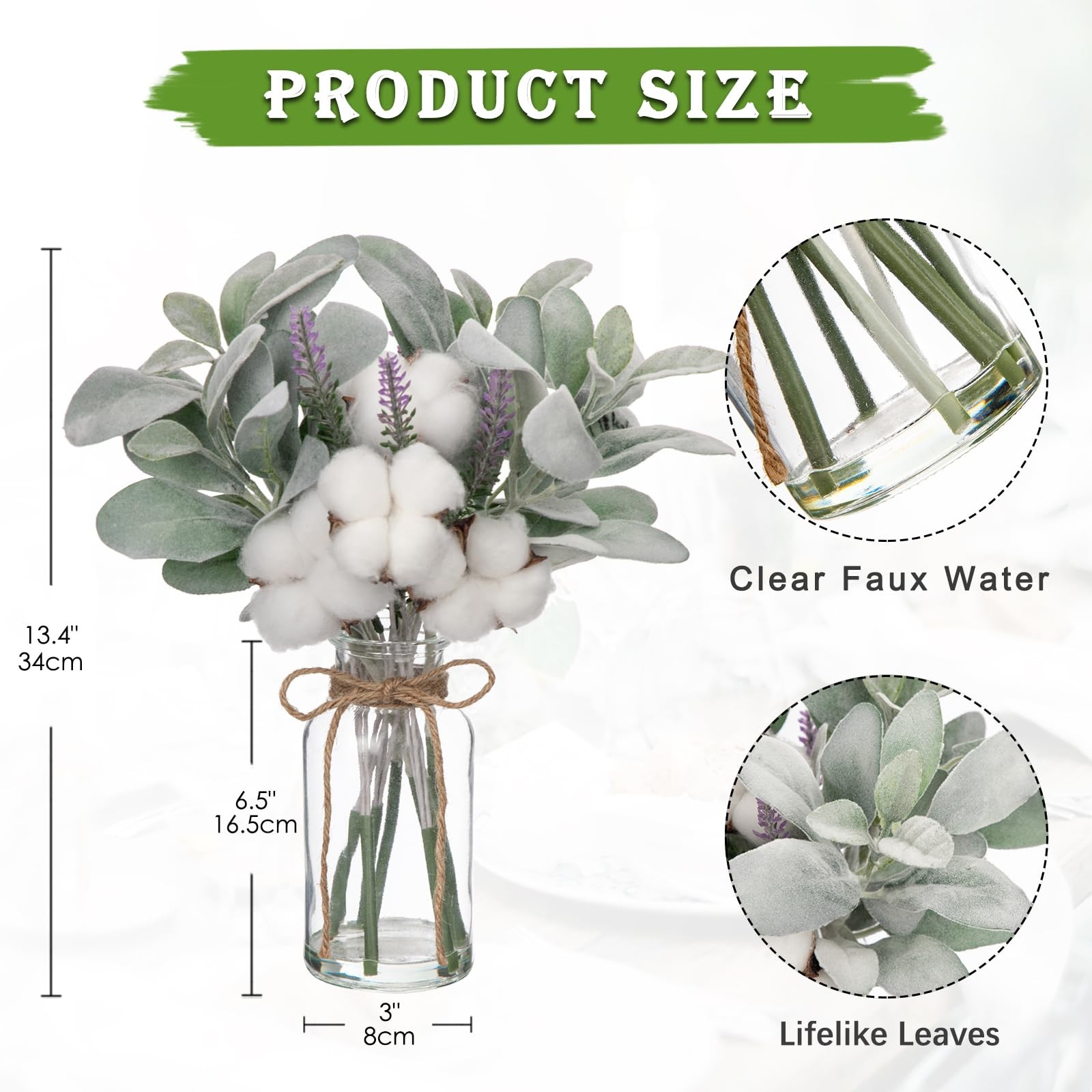 Artificial Lamb’s Ear Stems in Glass Vase with Faux Water, 14″ Fake Plant Lav…
