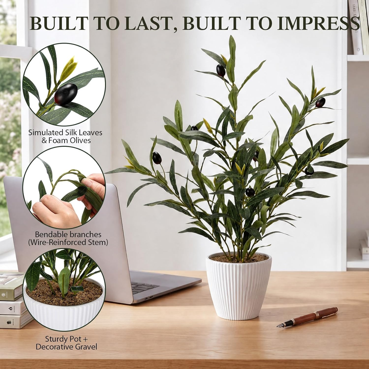 Small Olive Trees Artificial Indoor 18 Inch Fake Olive Tree White Pot