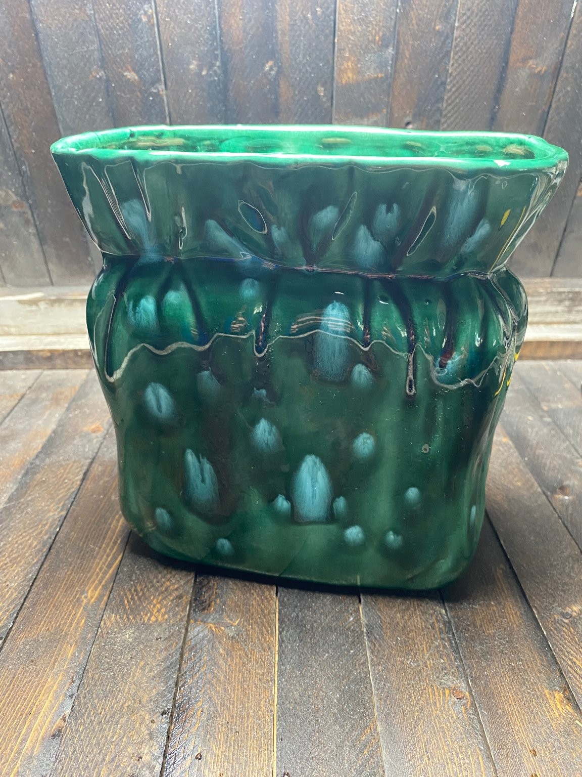 Vintage Ceramic Planter Drip Glaze Mid-Century Modern Vase 1980s Green Blue