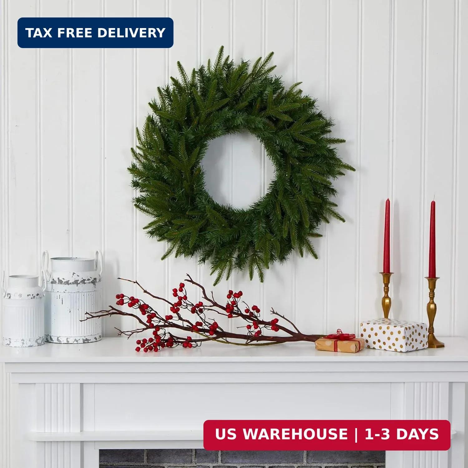 Nearly Natural 24in Artificial Long Pine Christmas Wreath Faux Greenery with Cle