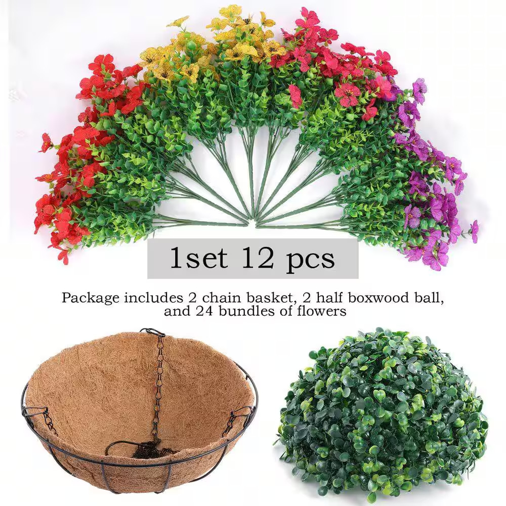 2 Set Artificial Hanging Flower Baskets with 24 Pieces Flowers Red Purple Yellow