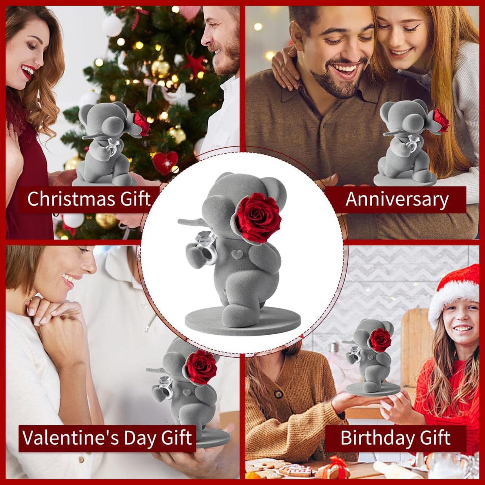 JoyFlower Cute Teddy Bear with Preserved Flowers, Eternal Real Red Rose with