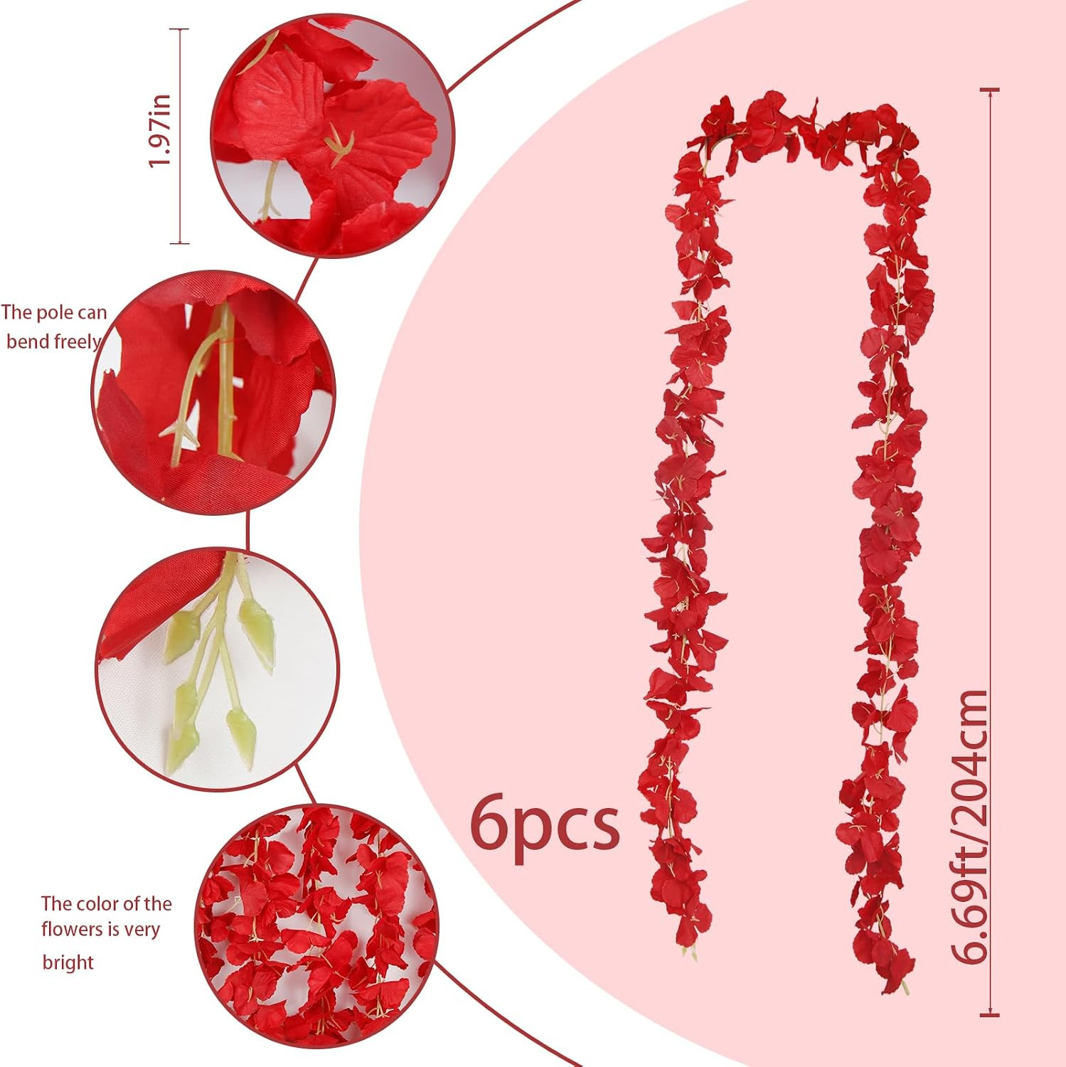 6 Pcs Wisteria Flower Garlands Red Artificial Wisteria Hanging Flowers 6.7 Feet