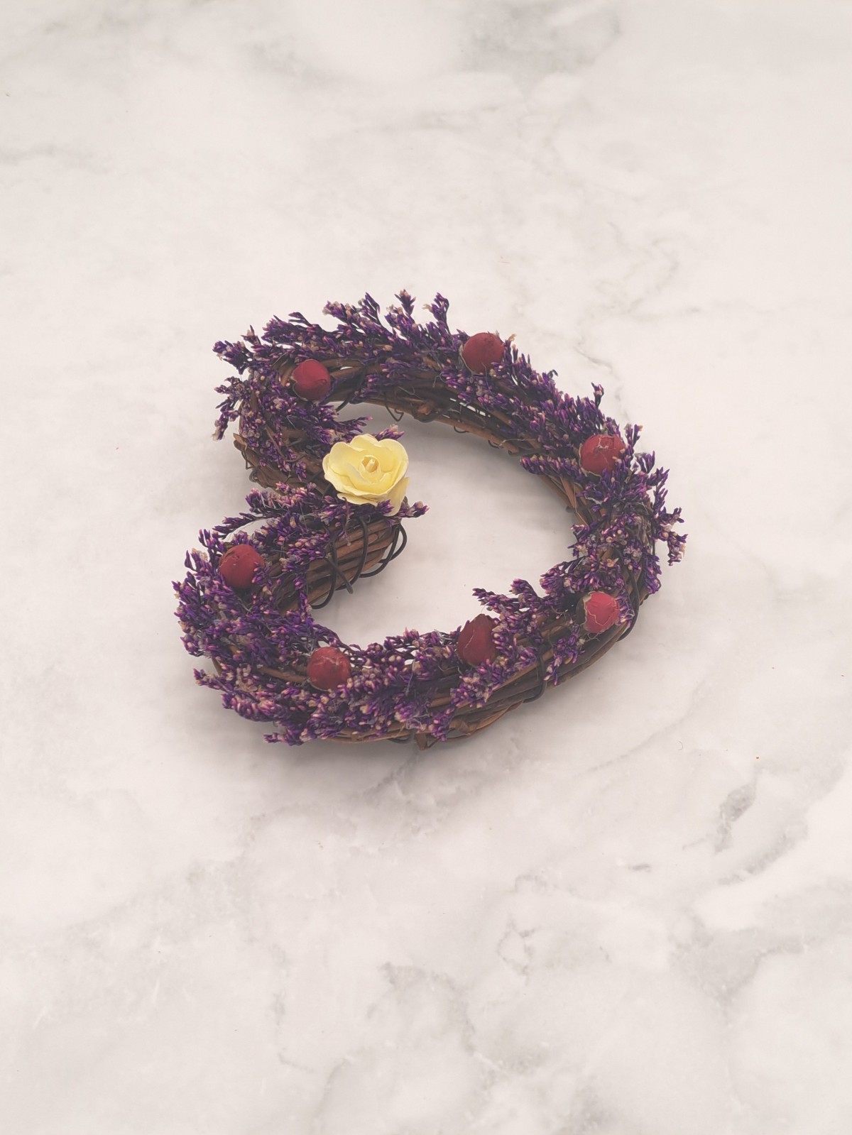 Handmade Grapevine Heart Dried Flower Arrangement – Purple Caspia & Mini Roses