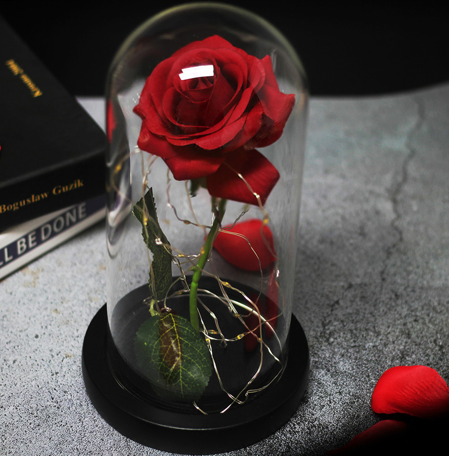 Red Rose In Crystal Clear Glass Dome with Soft White LED Lights – Color of Love