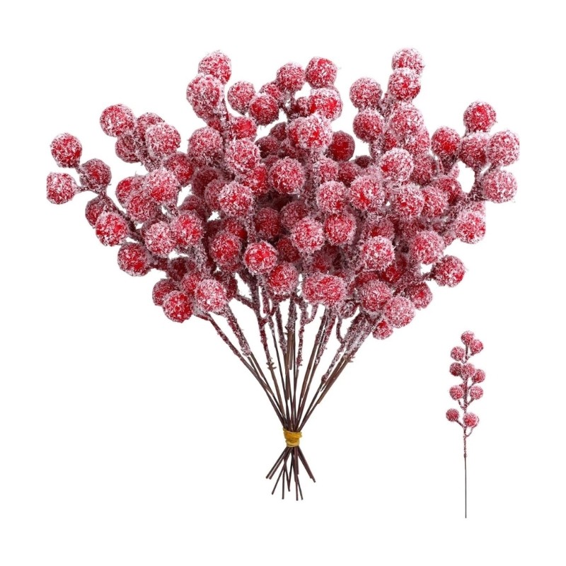 20Pcs Artificial Red Berries Branches With Bendable Iron Wire Stem for Tree