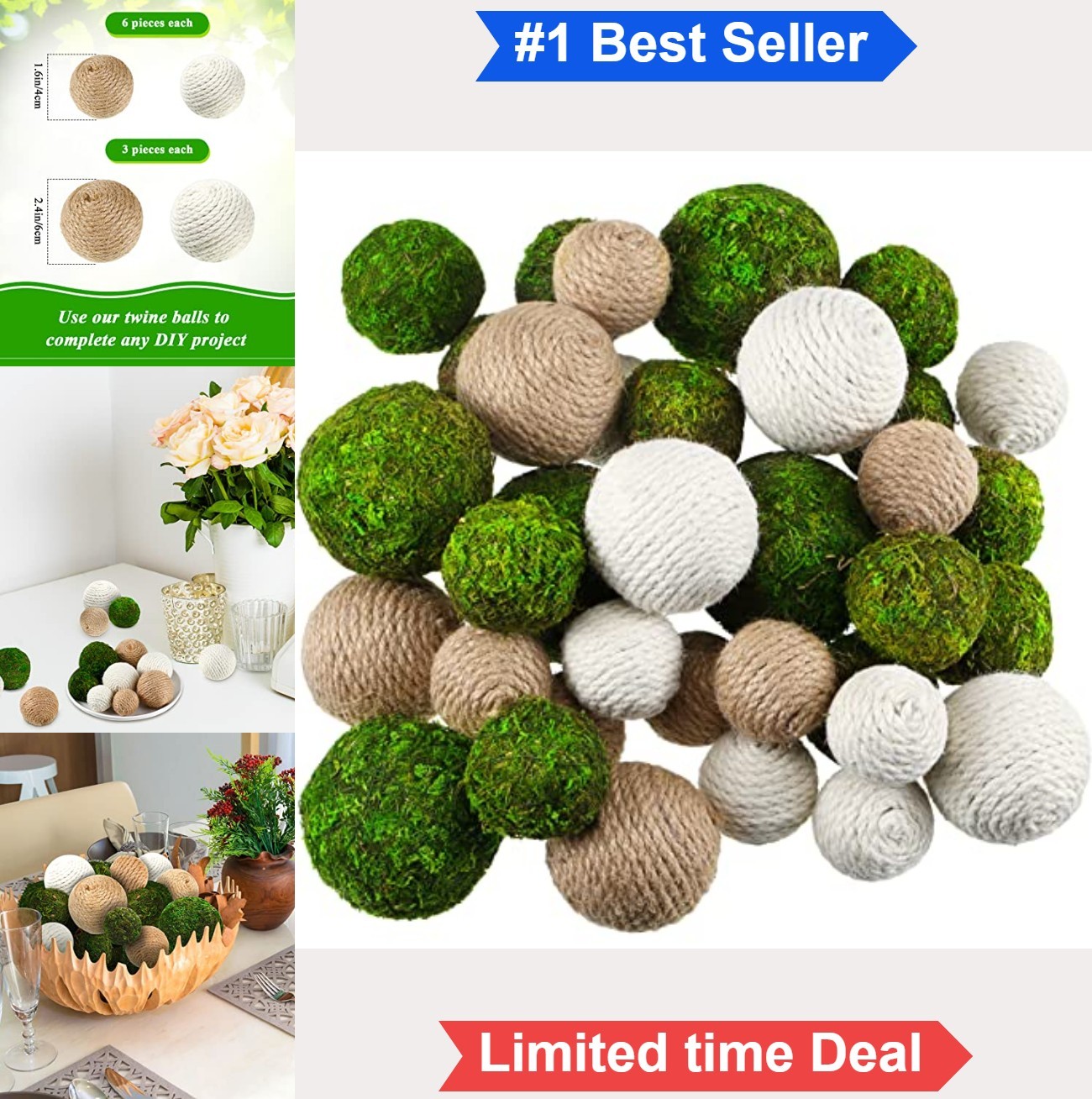 Decorative Balls 36 Pack Twine Moss 4 Sizes Vase Filler Centerpiece Wedding