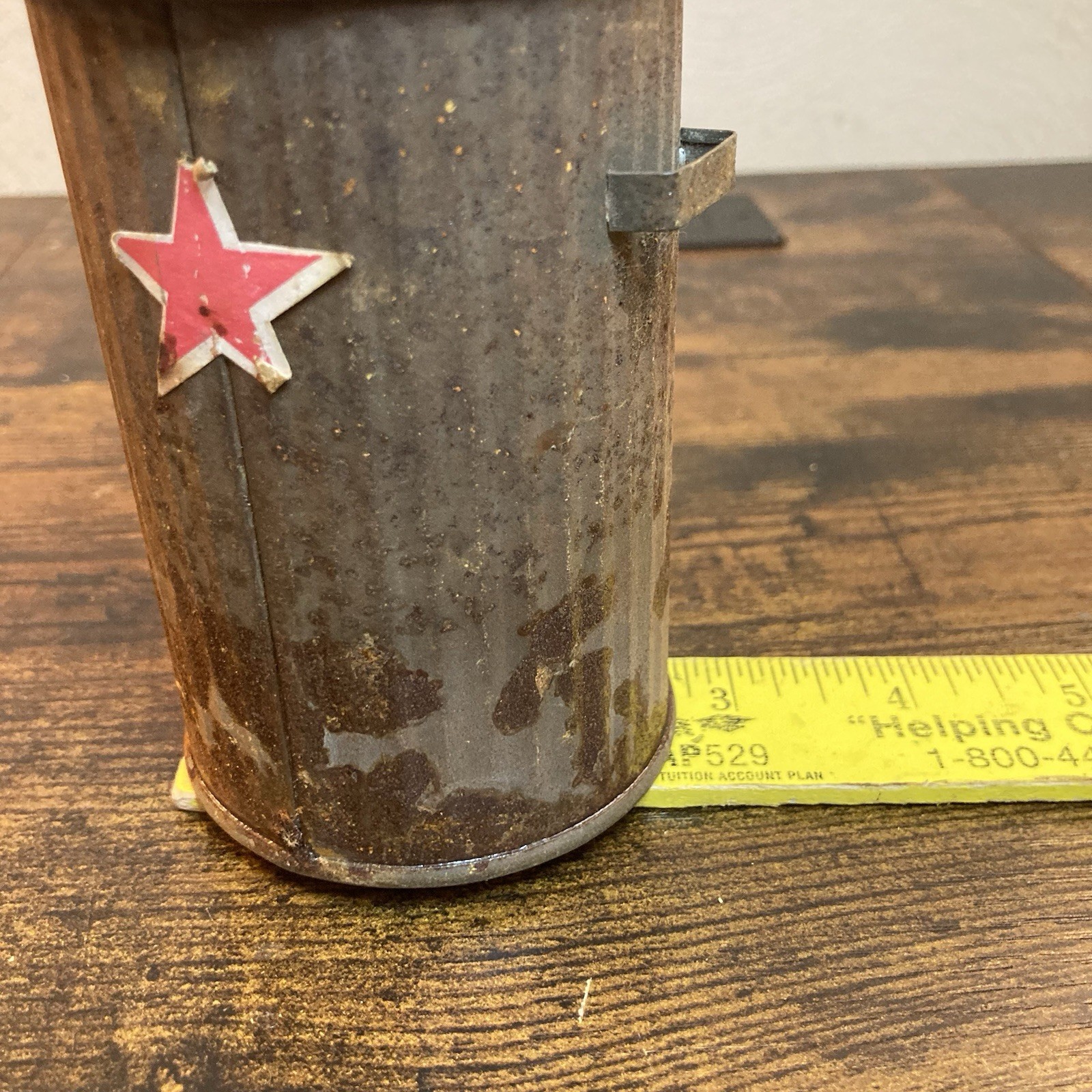 Vtg Mini Metal Trash Can Red Star Rustic Primitive Garden Decor Farmhouse 1:6 Sc