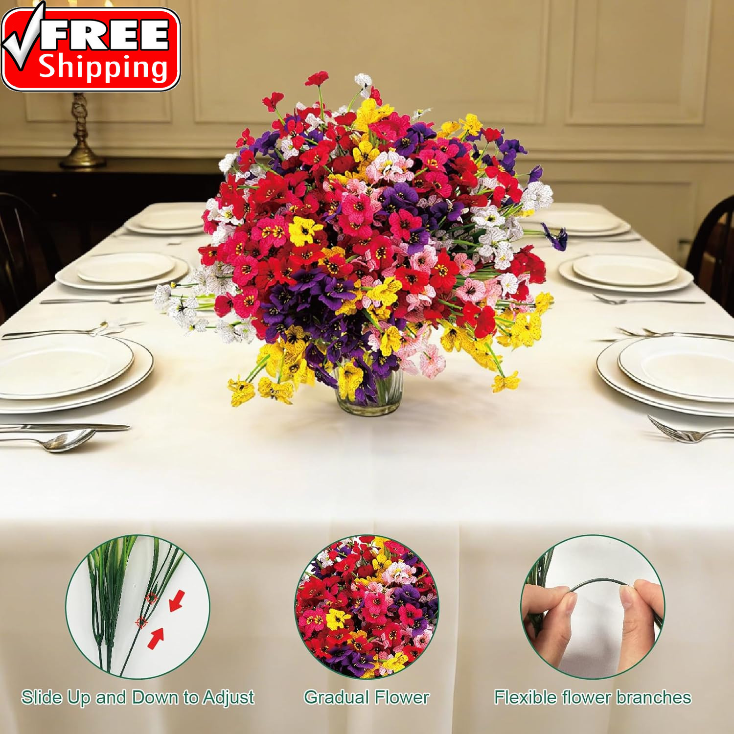 24 Pcs (6 Color) UV Resistant Outdoor Artificial Faux Flowers Plants Realistic P