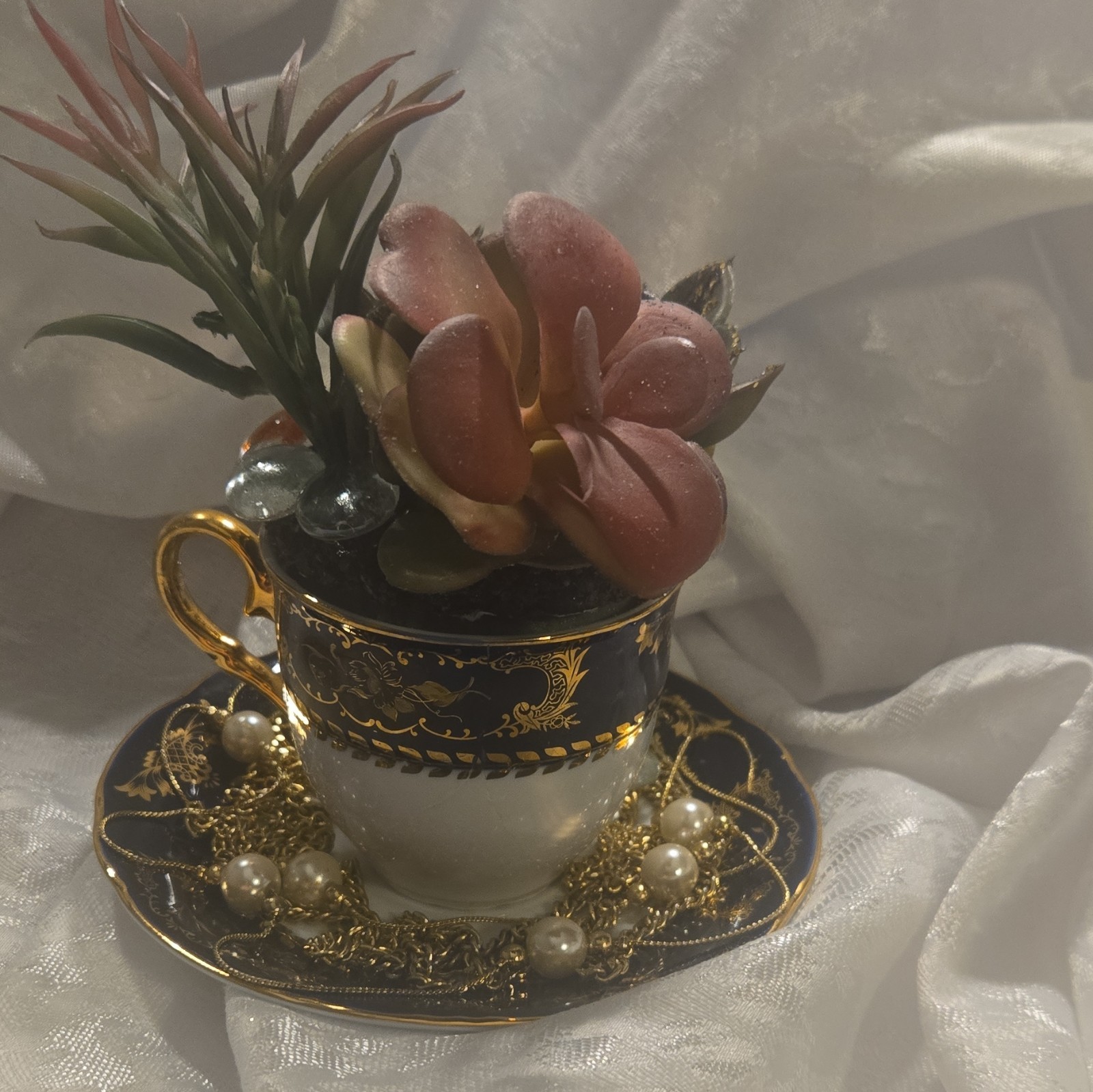 Artificial Succulent Floral Arrangement Ceramic Teacup & Saucer, Beads Chain