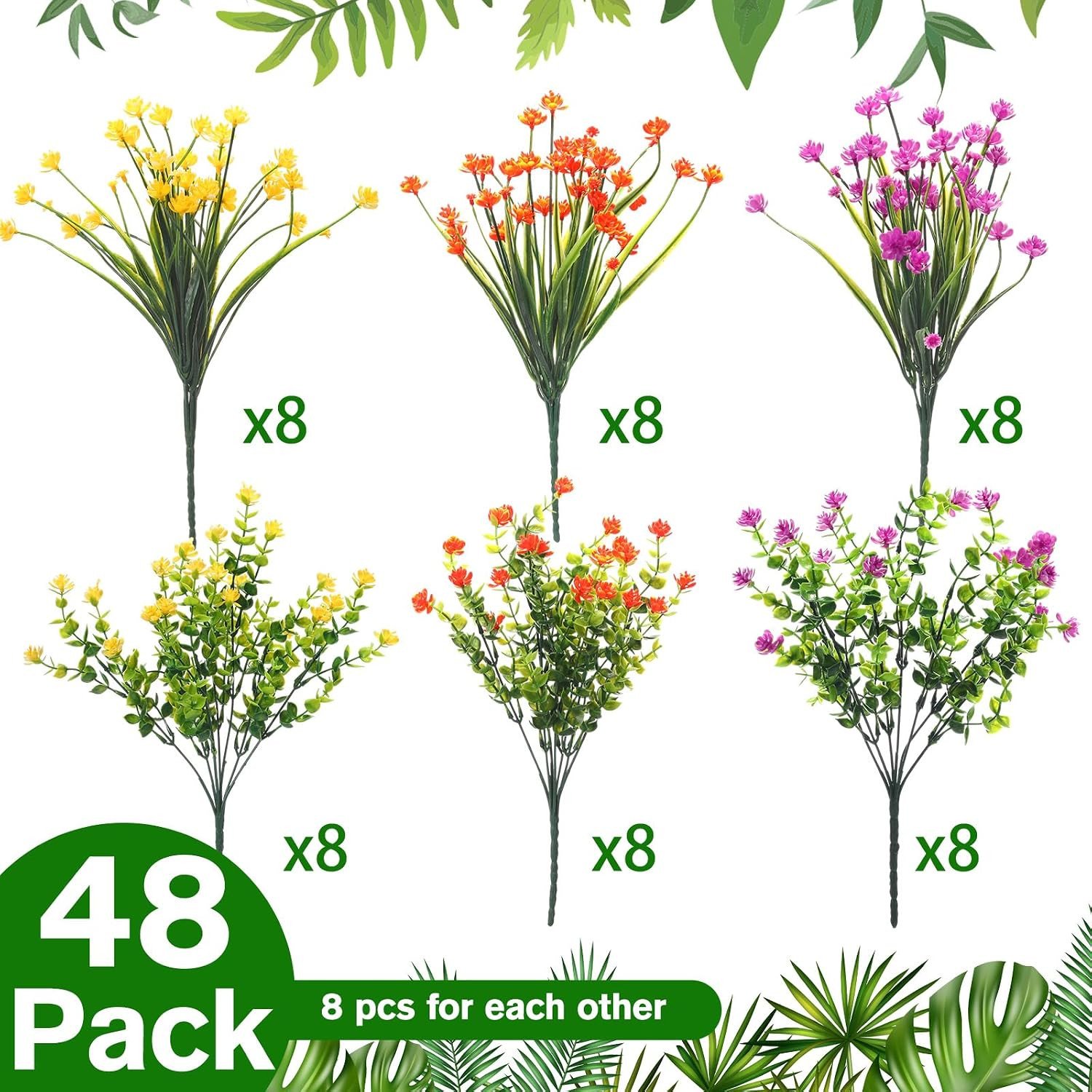48 Bundles UV Resistant Artificial Flowers for Outdoor Spring & Summer Decor