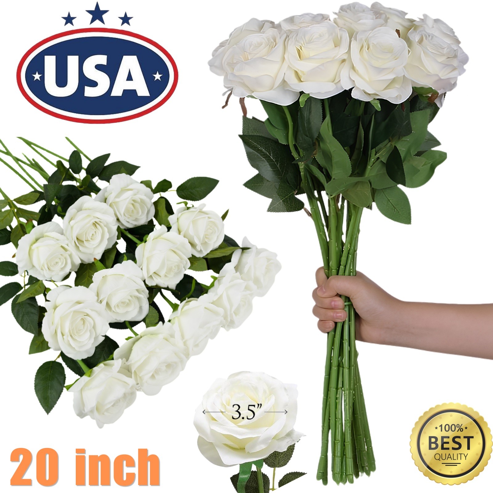 20× Artificial White Roses Fake Flower Silk Single Stems Real Touch Gift 20″ USA