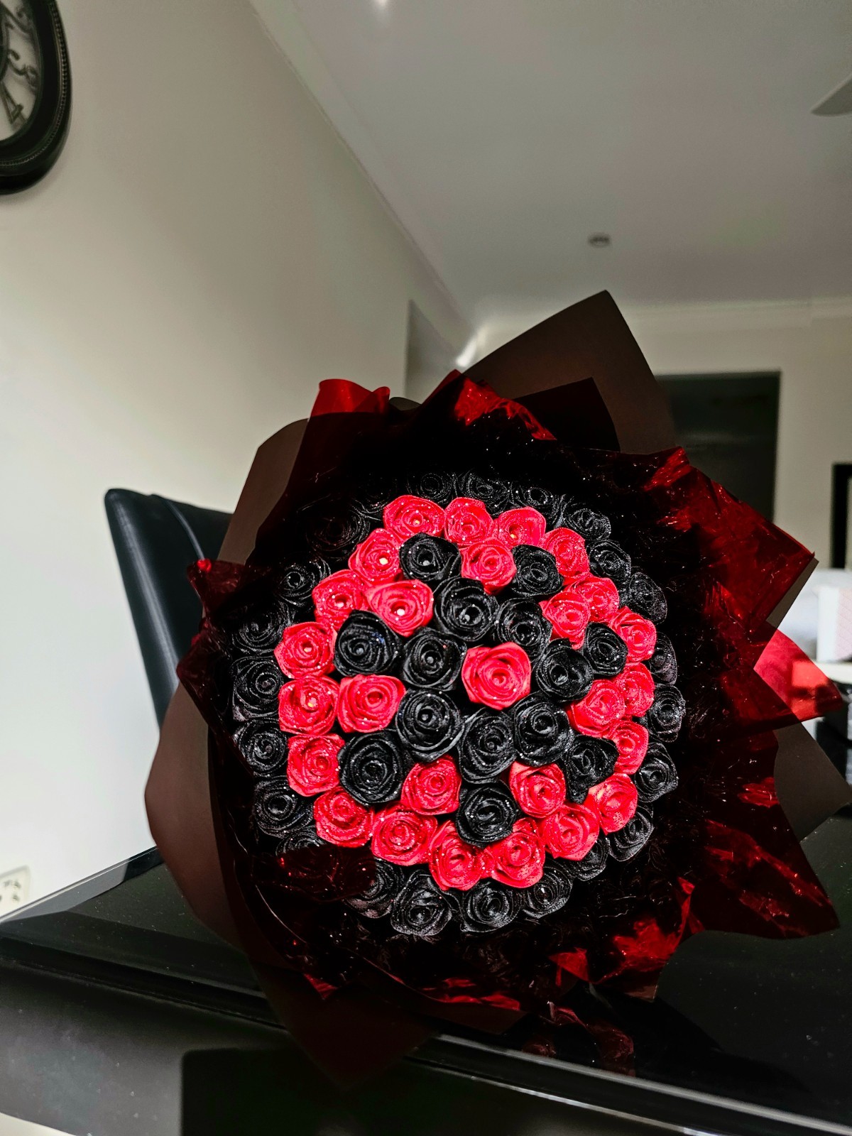 64 Red & Black Glitter Roses Bouquet