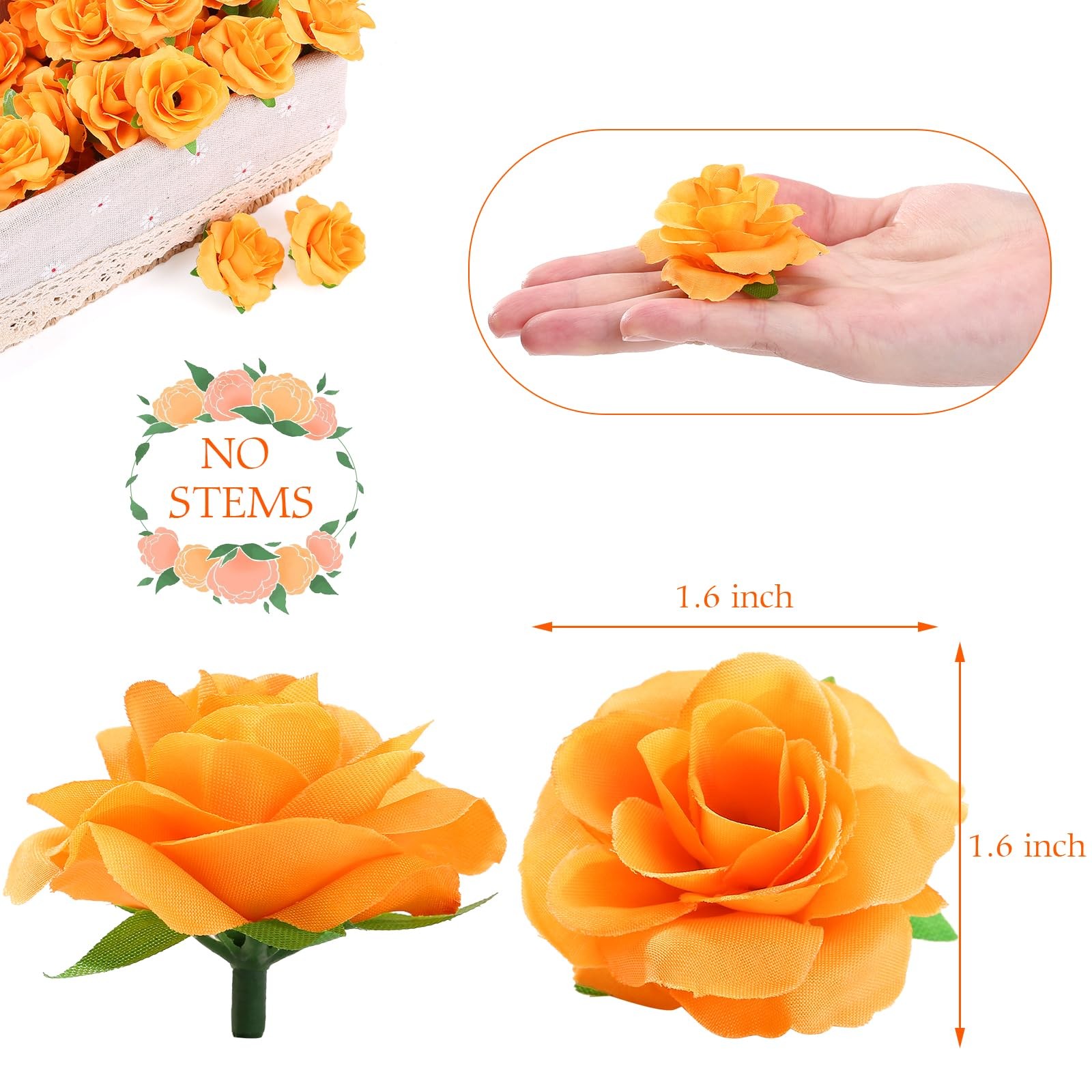 50 PCS 1.57 Inch Mini Orange Roses Artificial Fake Flower Heads Real Touch