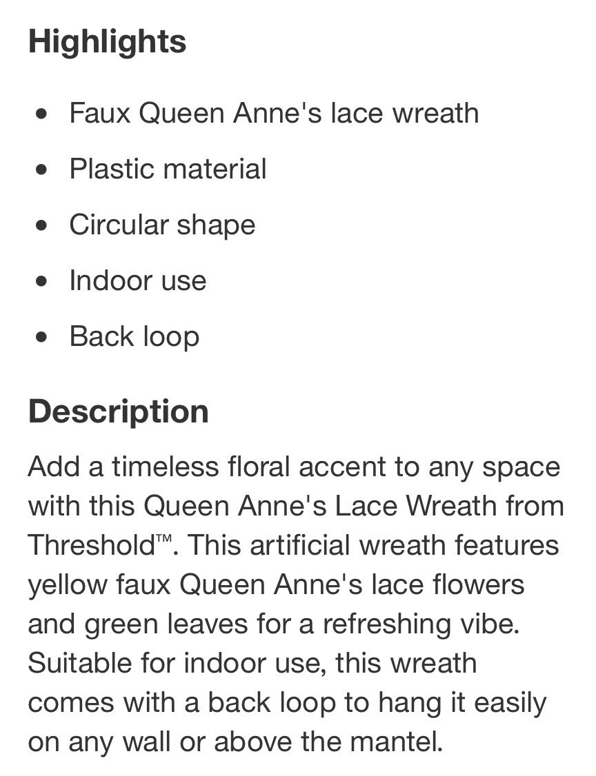 24″ Threshold QUEEN ANNE’S LACE WREATH Artificial Greenery Foliage YELLOW Flower