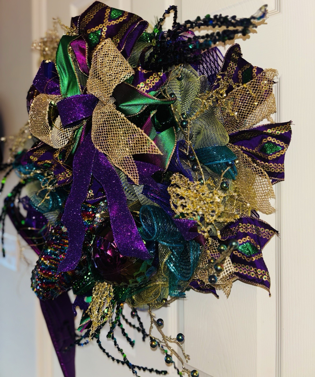 Mardi Gras Wreath Extra Large With Mermaid Tail and Fleur De Lis Handmade Deco