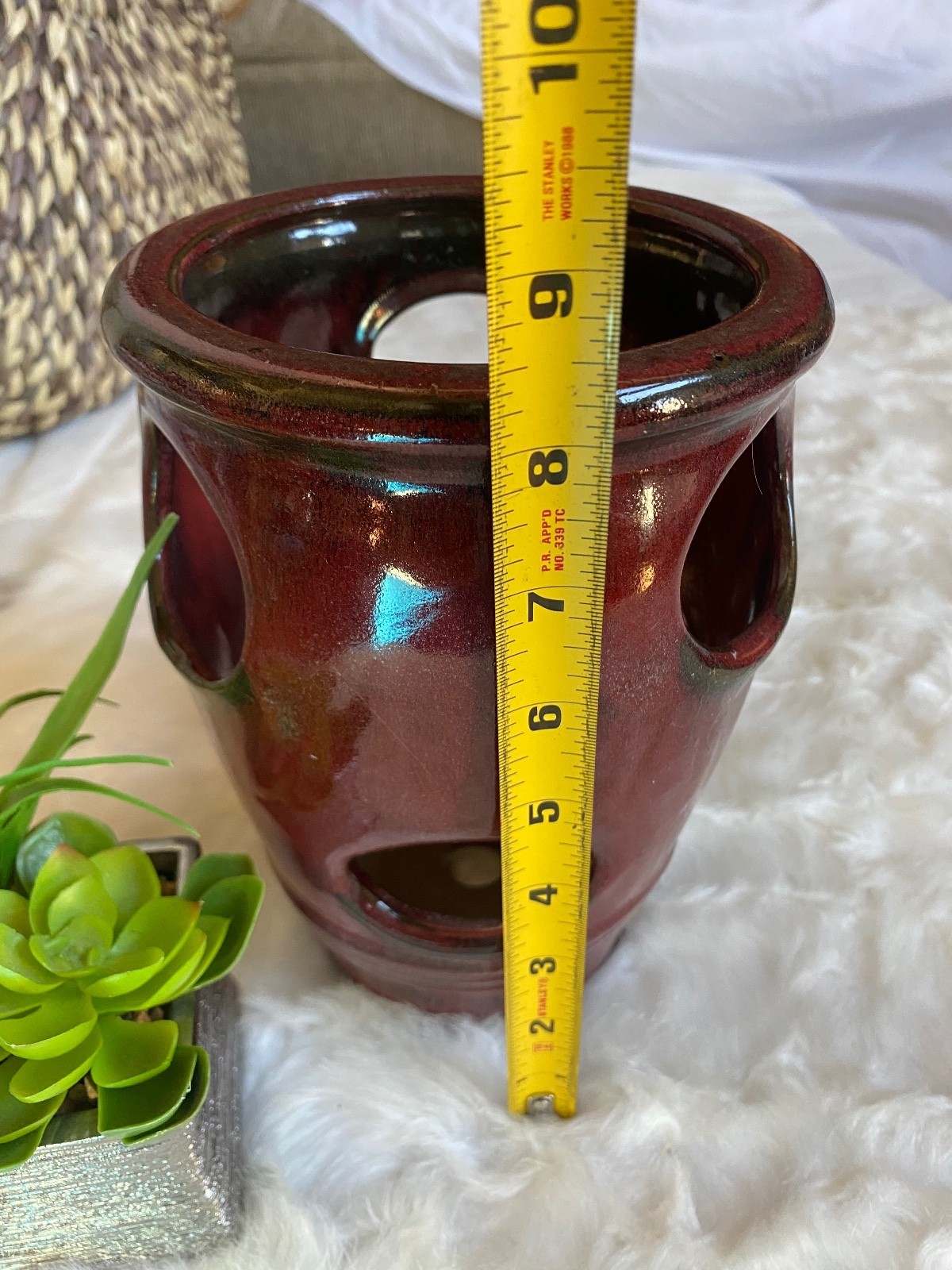 Red Ceramic Planter Pot with Multiple Side Openings and Drainage Hole
