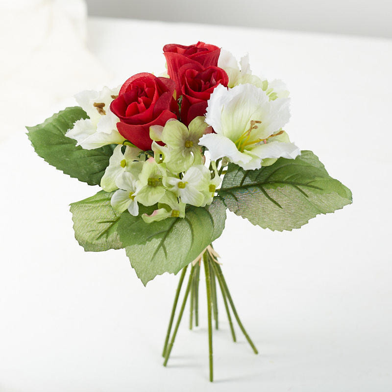 Mini Imitation Silk Soft Green Hydrangea with Rich Red Rosebud Center Bouqu
