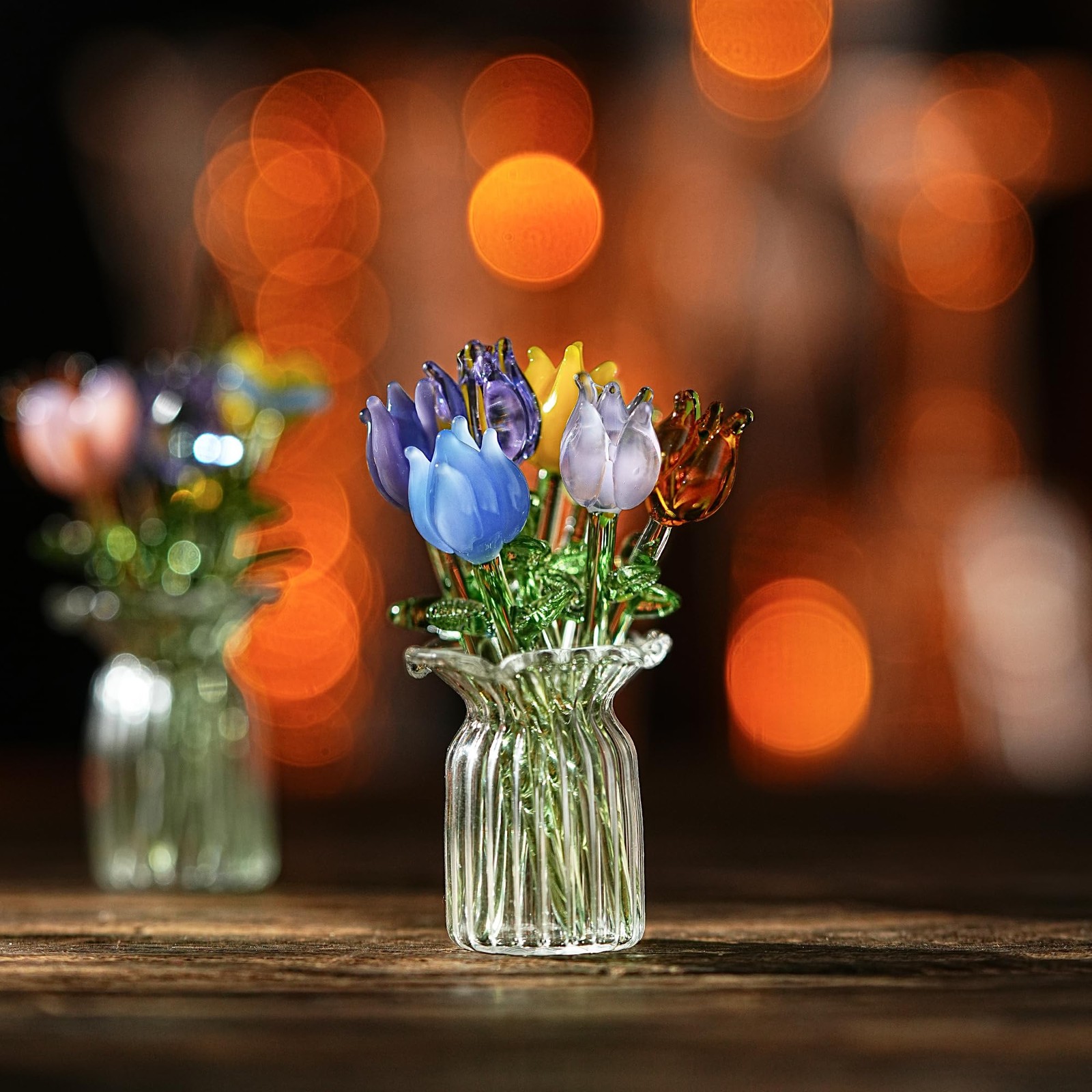 7 Pcs Mini Hand Blown Glass Tulip Artificial Flowers Vase for