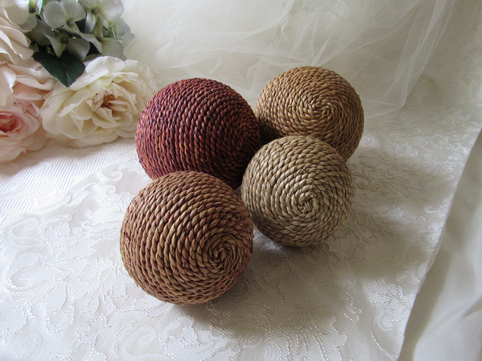 Jute Decor,set of 4,Mix Matched Floral Decor,4″ & 3″,Boho,tuscan,moroccan,sisal