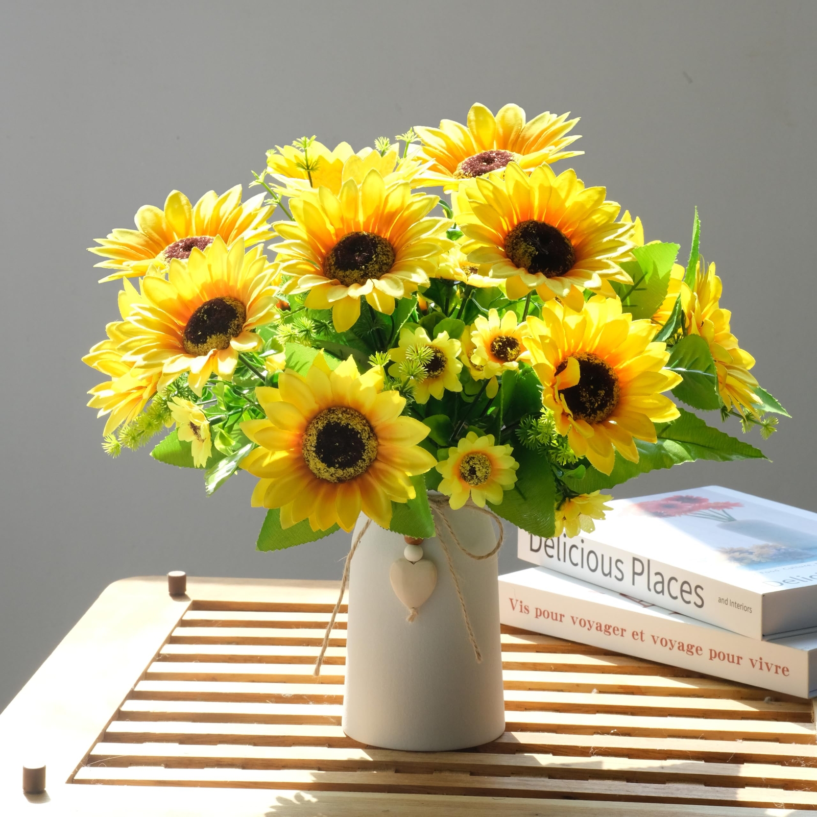 Sunflower Arrangement Cream Vase Silk Flowers Jute Rope Heart Table Decor