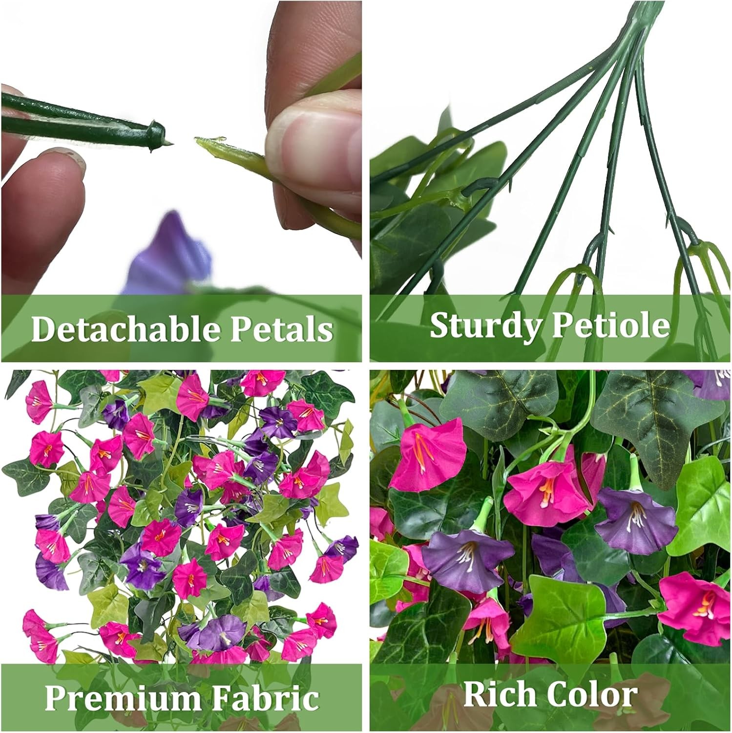 Artificial Fake Hanging Flowers Plants, Faux Silk Morning Glory with Ivy Vines,